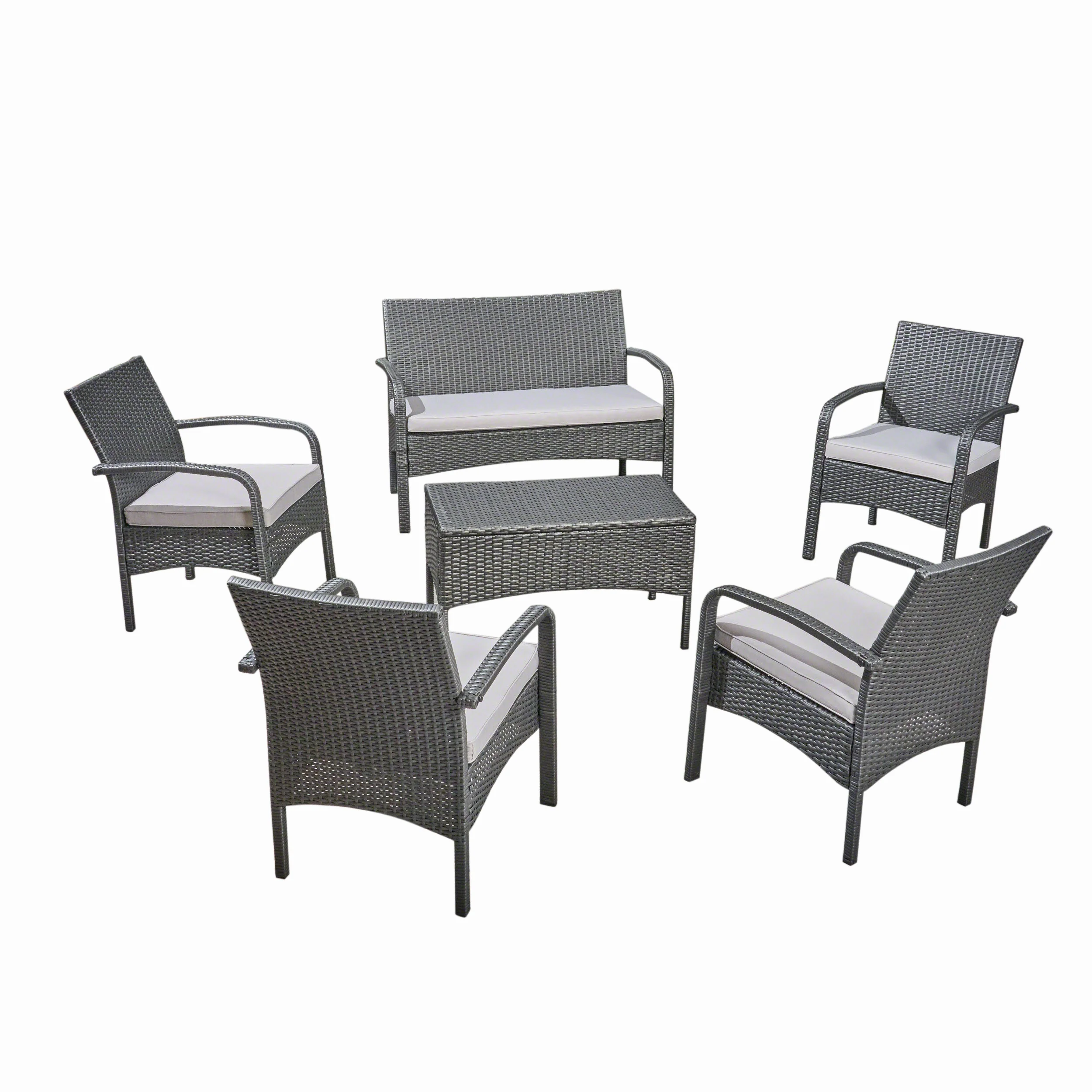 Mavis Patio Conversation Set, 6-Seater with Loveseat, Club Chairs, and Coffee Table, Gray Wicker with Light Gray Outdoor Cushions - furnishings