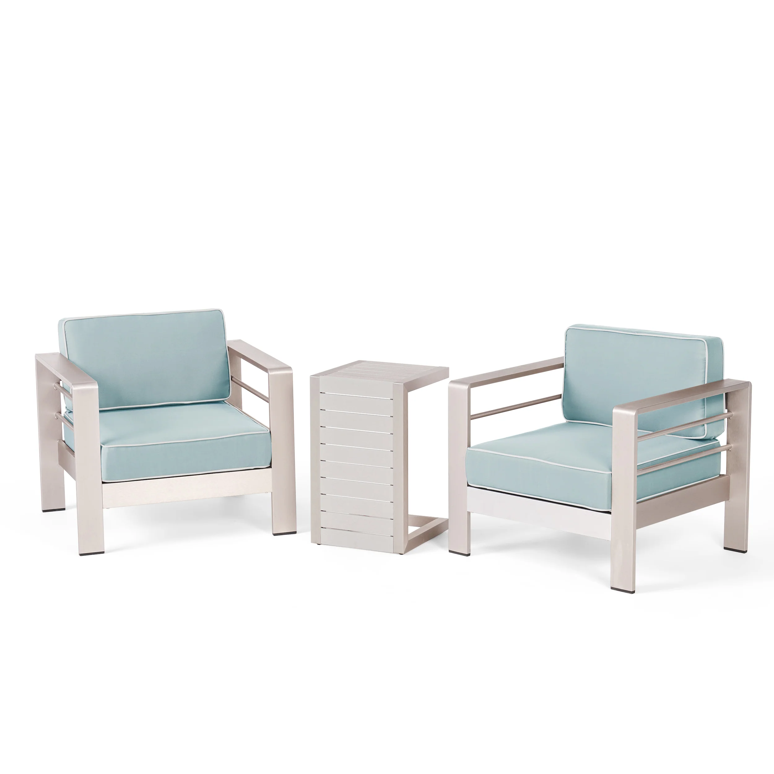 Crested Bay Outdoor 3 Piece Aluminum Framed Chat Set with Wicker C-Shaped Side Table - furnishings