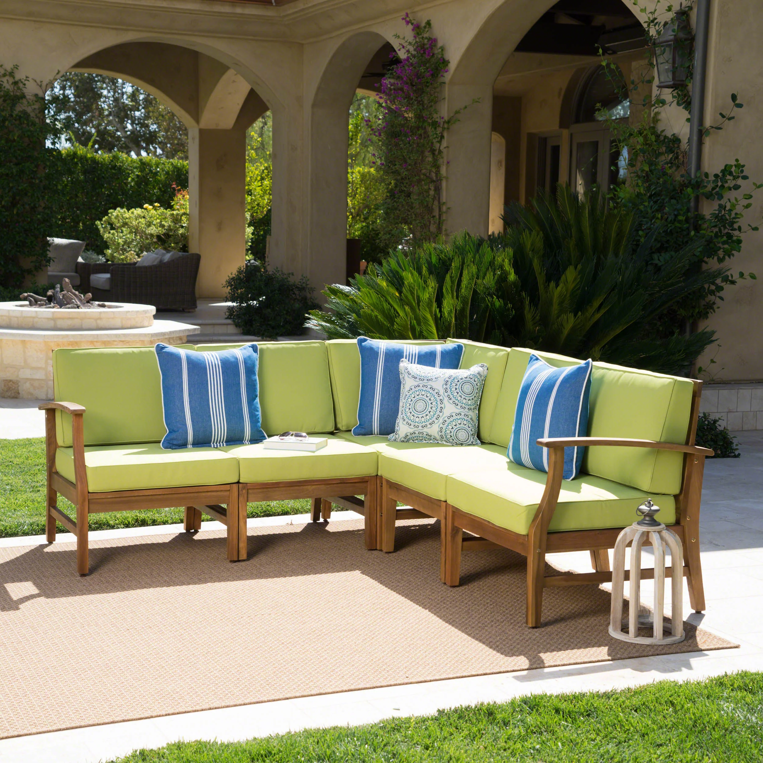 Capri Outdoor 5 Piece Sectional with Green Water Resistant Cushions - furnishings
