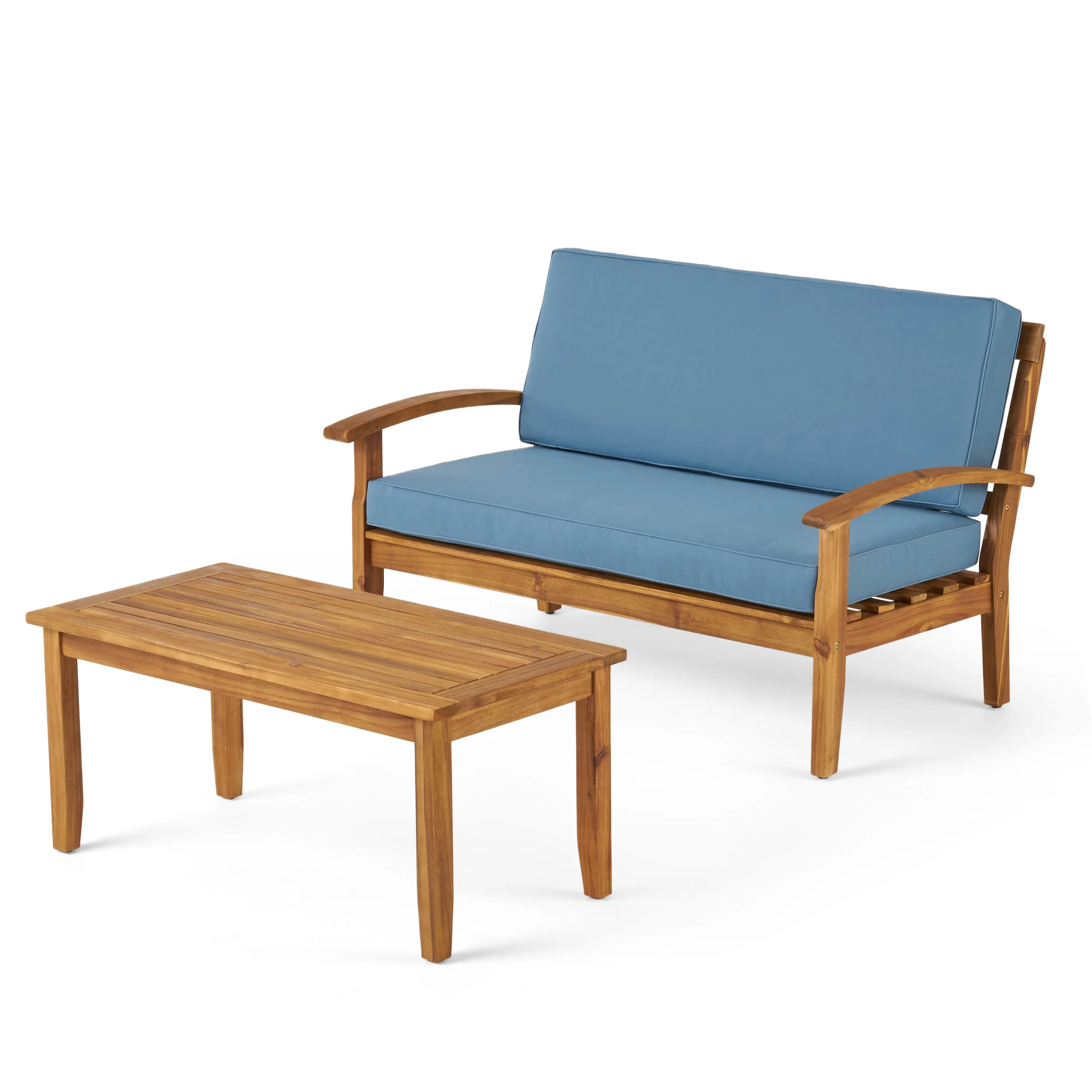 Keanu Outdoor Acacia Wood Loveseat and Coffee Table Set with Cushions - furnishings