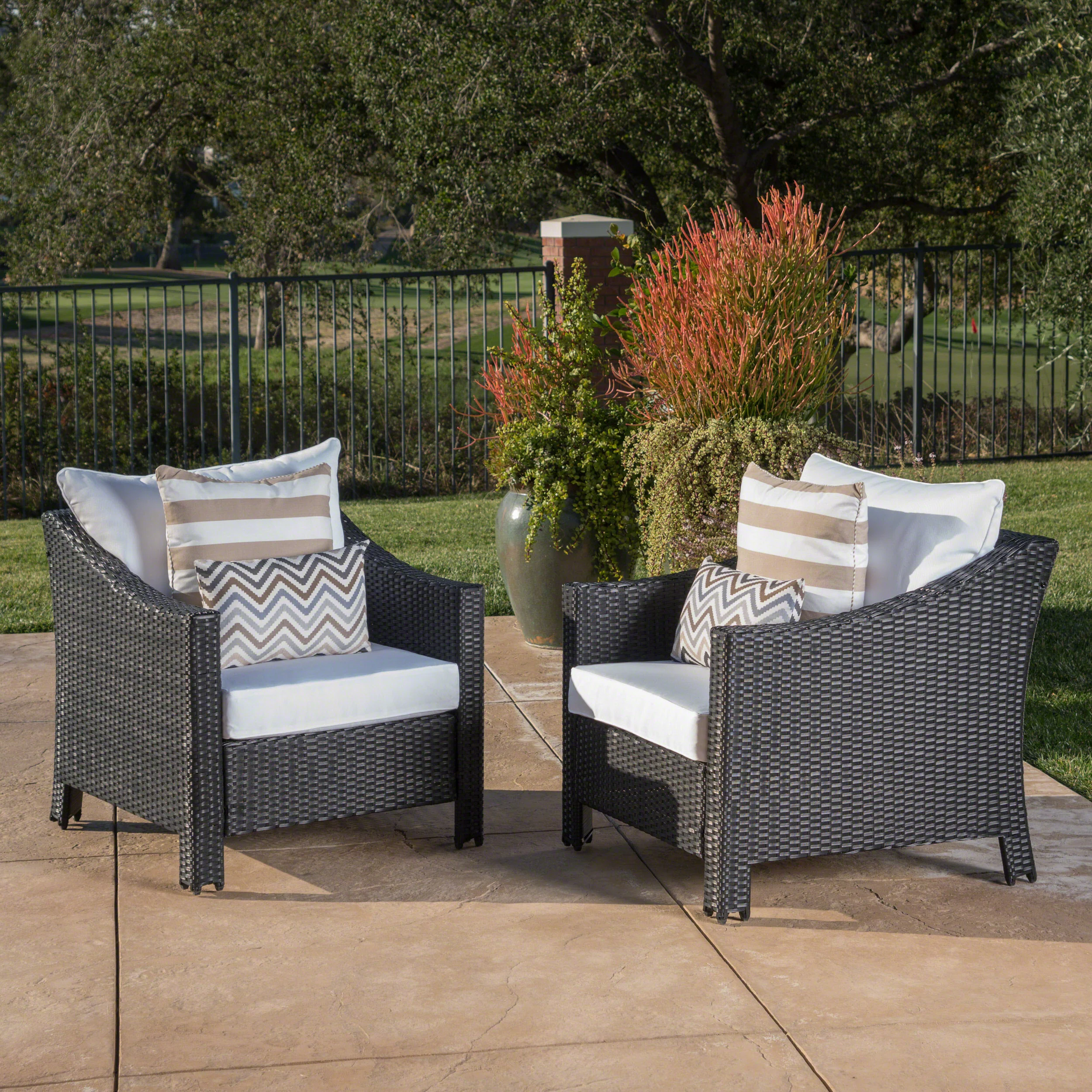 Dione Outdoor Black Wicker Club Chairs with White Water Resistant Cushions - furnishings