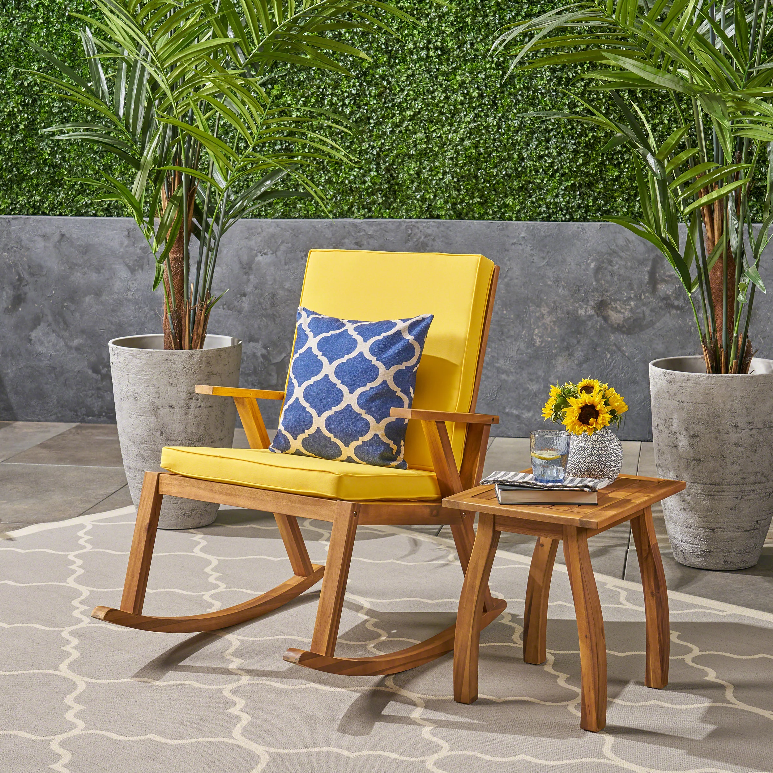 Champlain Outdoor Acacia Wood Rocking Chair with Side Table - furnishings