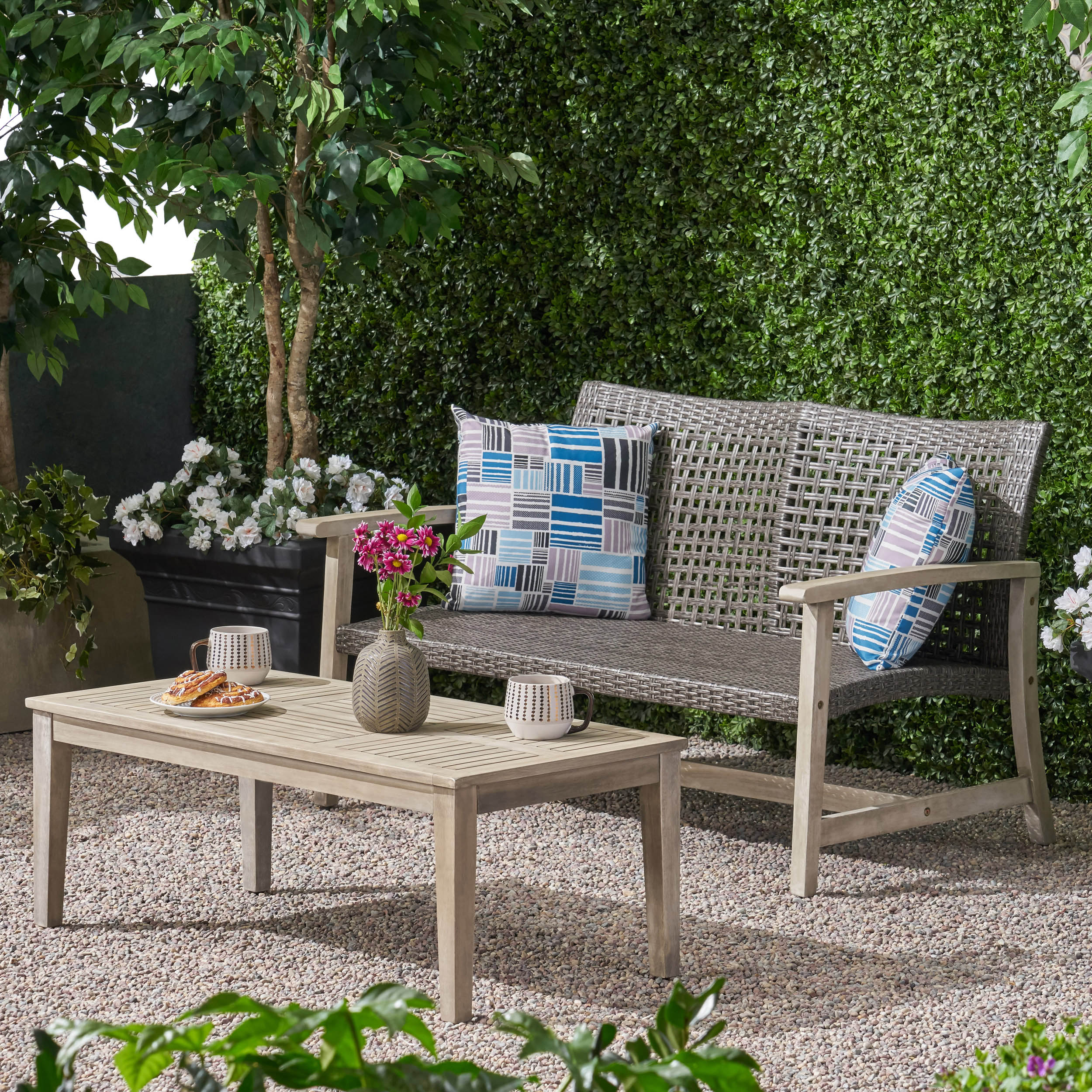 Spring Spender Outdoor Wood and Wicker Loveseat and Coffee Table Set - furnishings