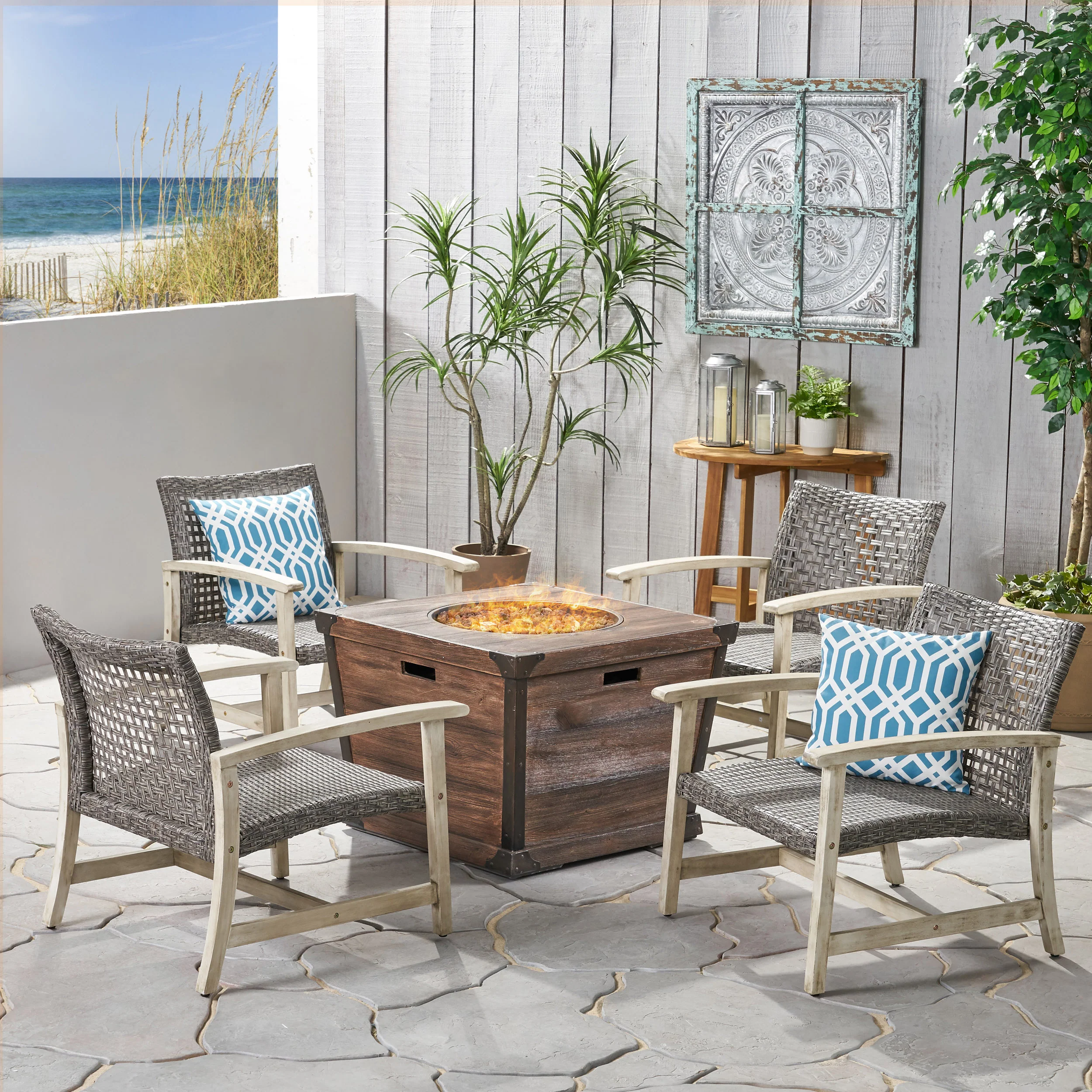 Levant Outdoor 4 Piece Wood and Wicker Club Chair Set with Fire Pit - furnishings