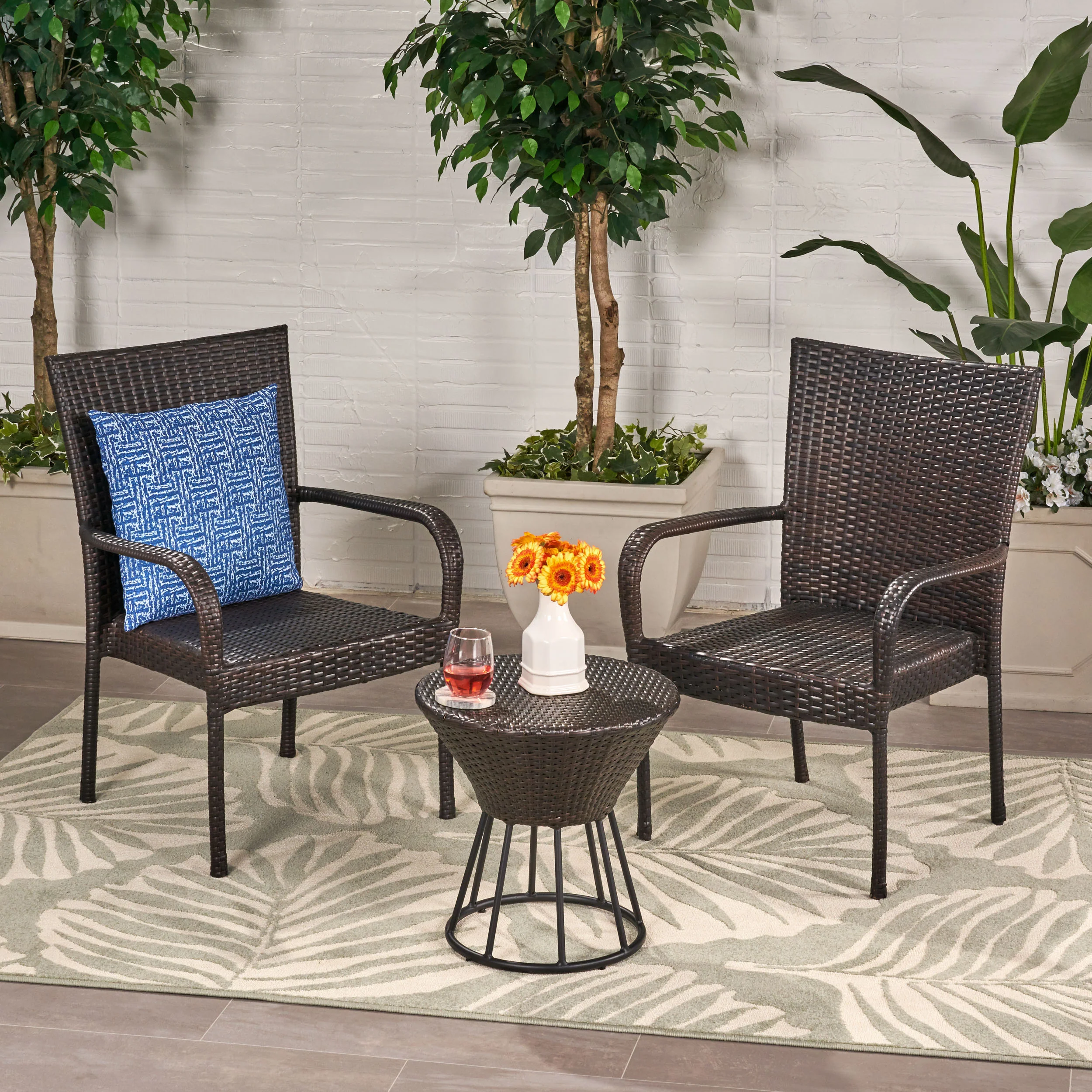 Parham Outdoor 3 Piece Multi-brown Wicker Stacking Chair Chat Set - furnishings