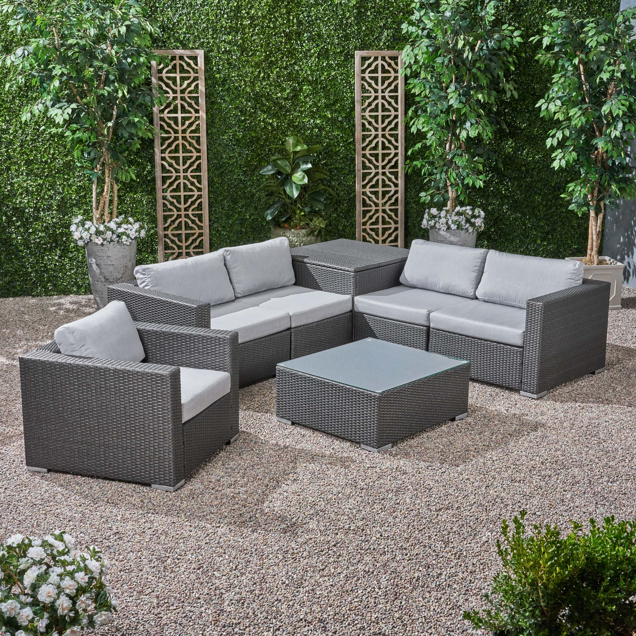 Kyra Outdoor 5 Seater Wicker Sectional Sofa Set with Storage Ottoman and Sunbrella Cushions - furnishings