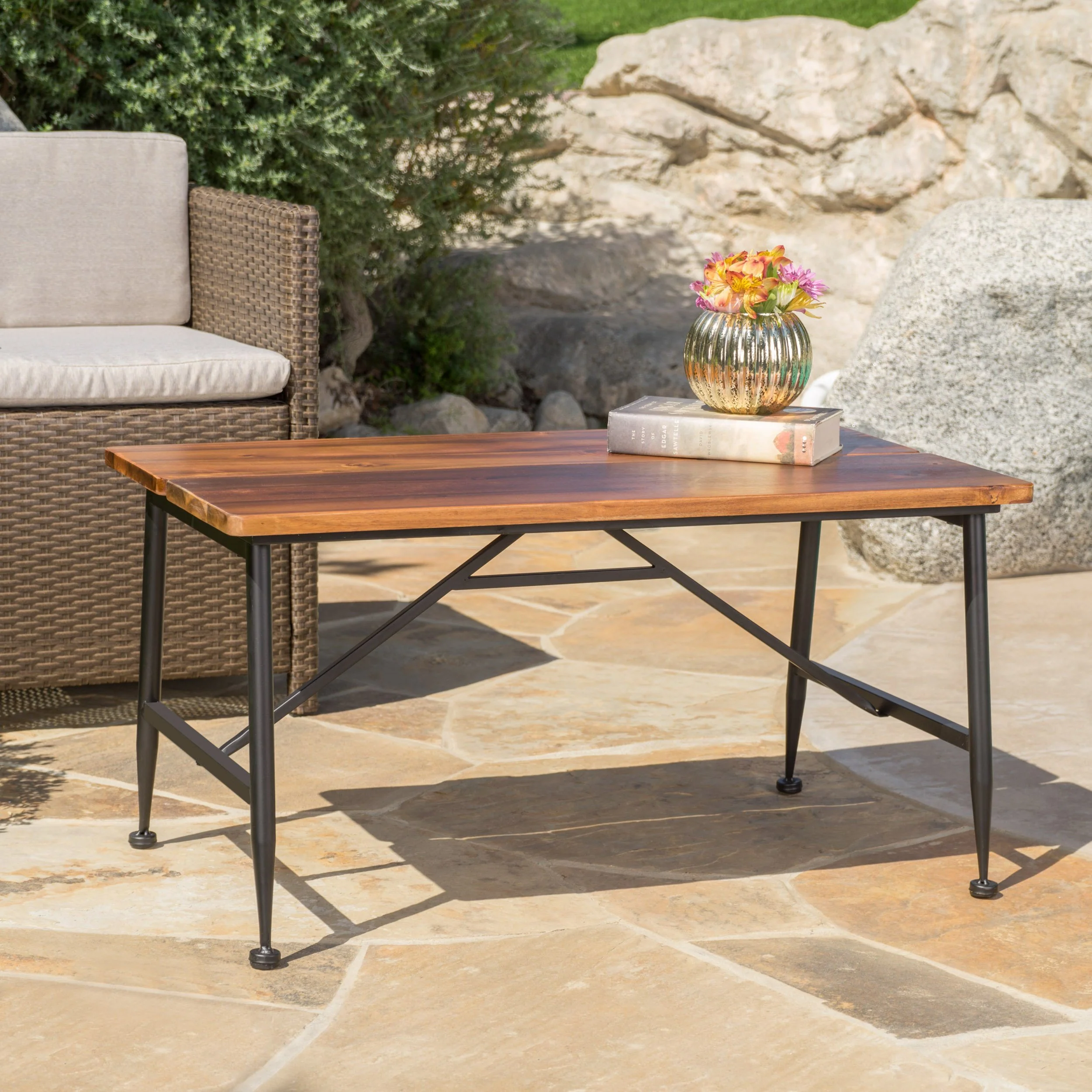 Ellaria Indoor/Outdoor Industrial Acacia Wood Coffee Table, Antique Teak and Black - furnishings