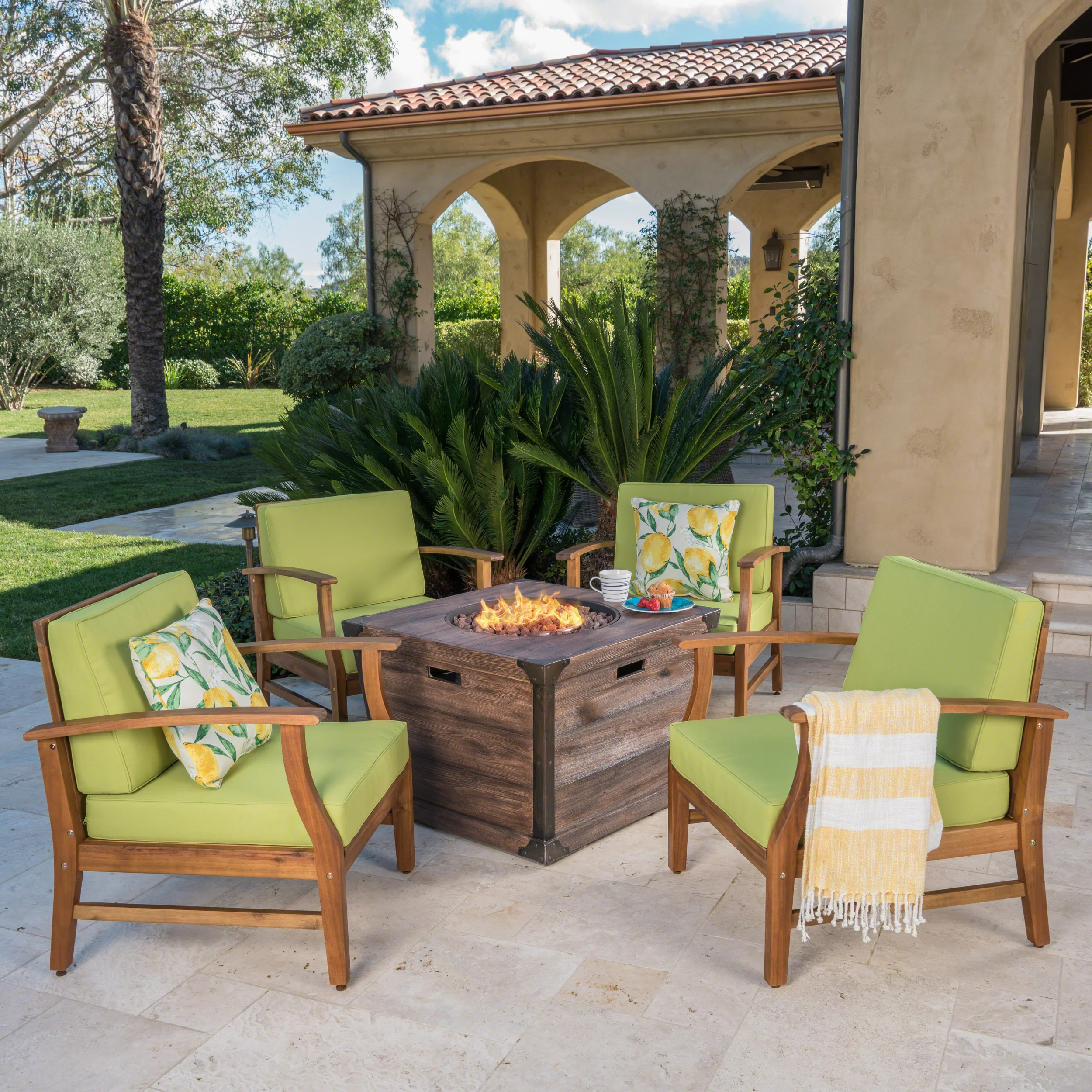 Belle Outdoor 4 Seat Fire Pit Chat Set with Teak Finished Acacia Wood Club Chairs - furnishings