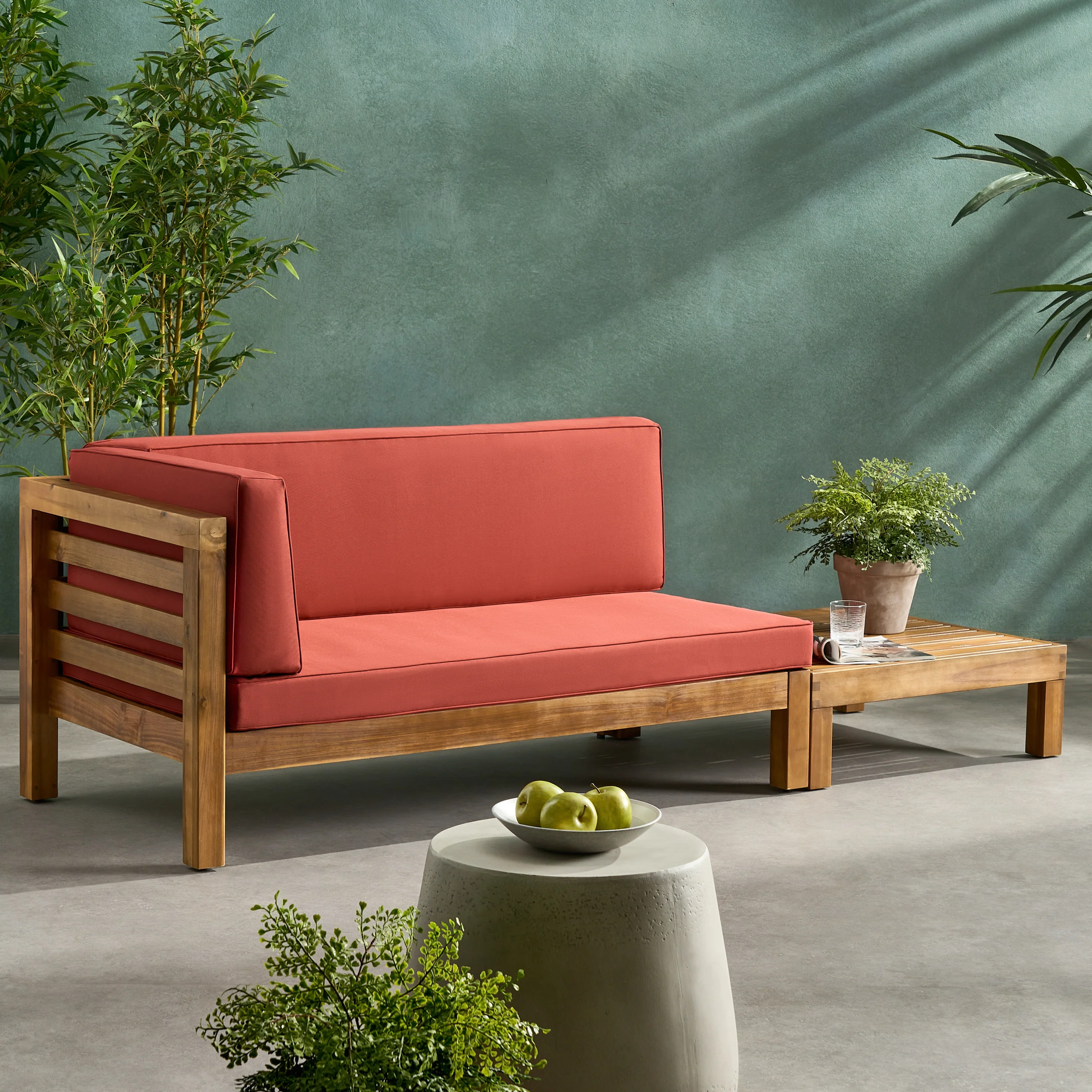 Cascada Outdoor Acacia Wood Left Arm Loveseat and Coffee Table Set with Cushion - furnishings