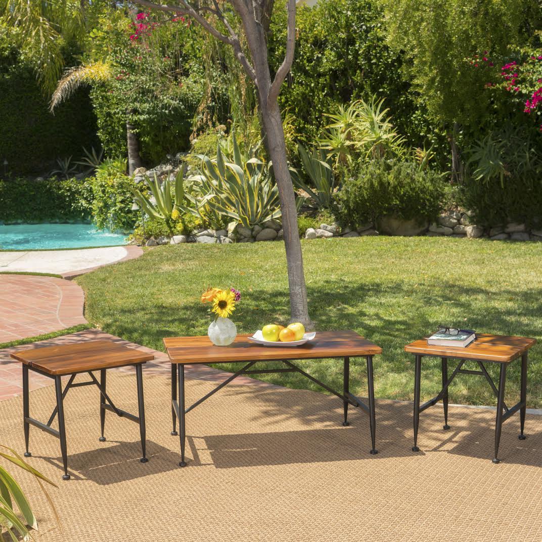 Ellaria Outdoor Rustic Industrial Acacia Wood Coffee Table and Accent Table Set with Metal Frame, Teak and Black - furnishings