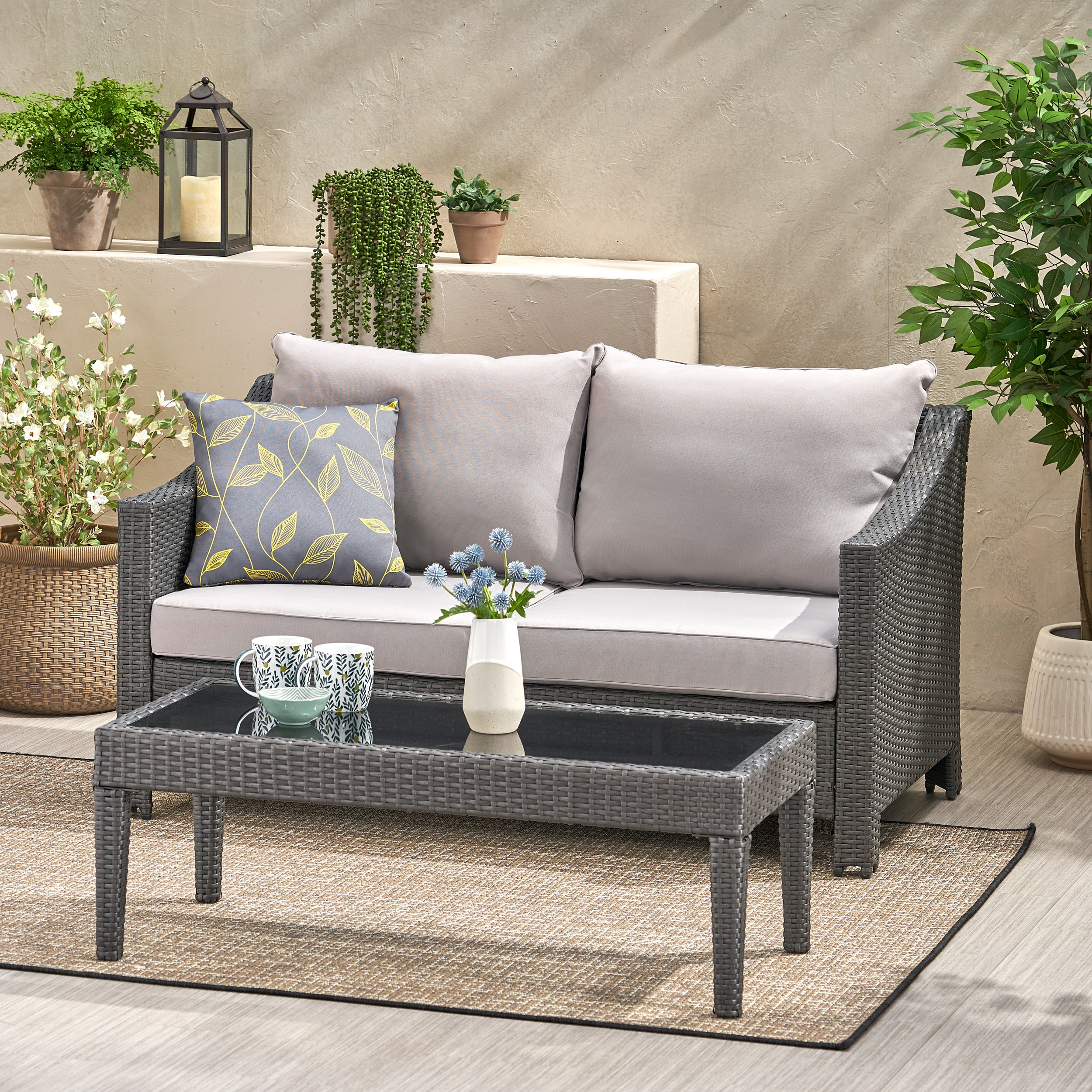 Aspen Outdoor Wicker Loveseat and Coffee Table with Cushions - furnishings