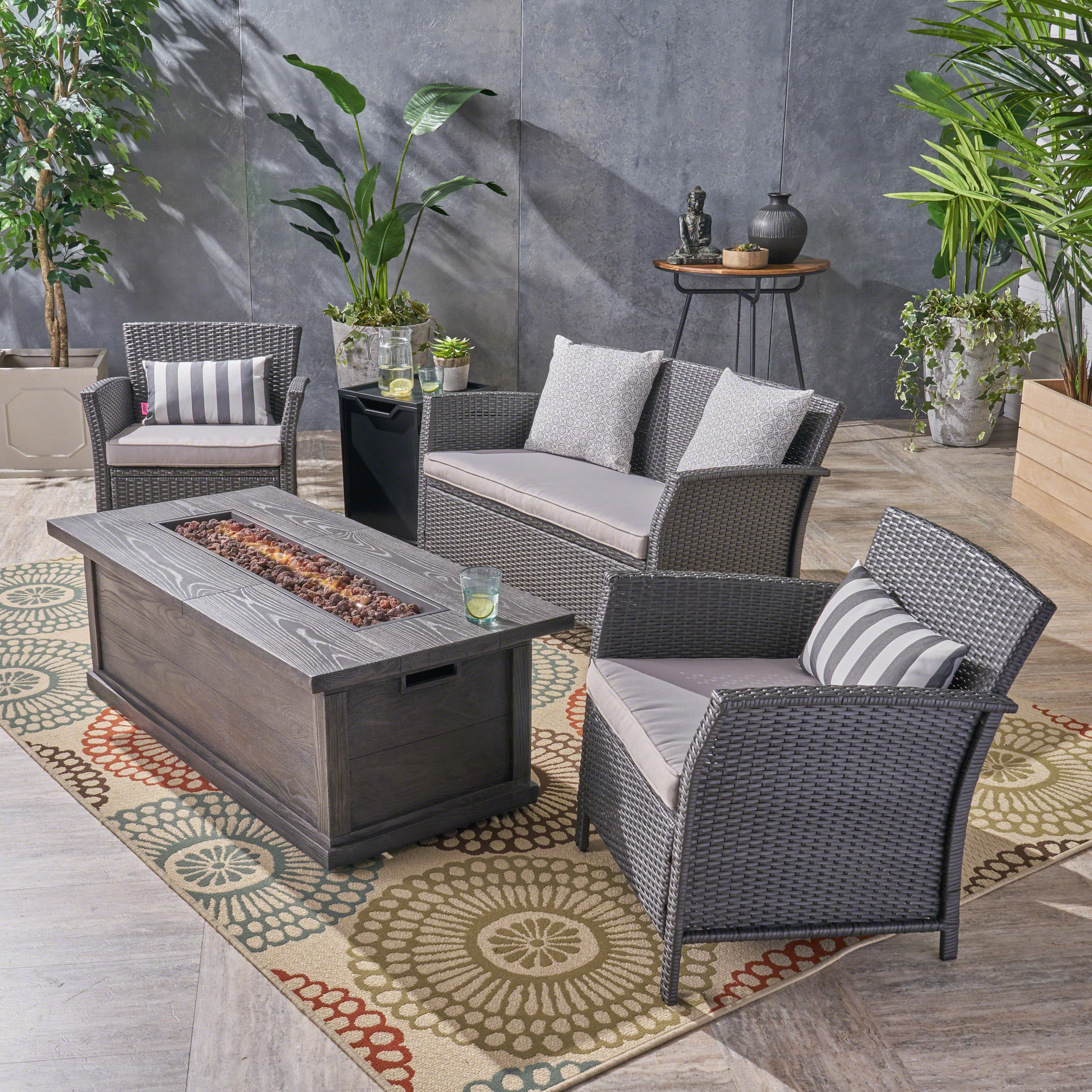 Laiah Outdoor 4 Seater Wicker Chat Set with Iron Fire Pit - furnishings