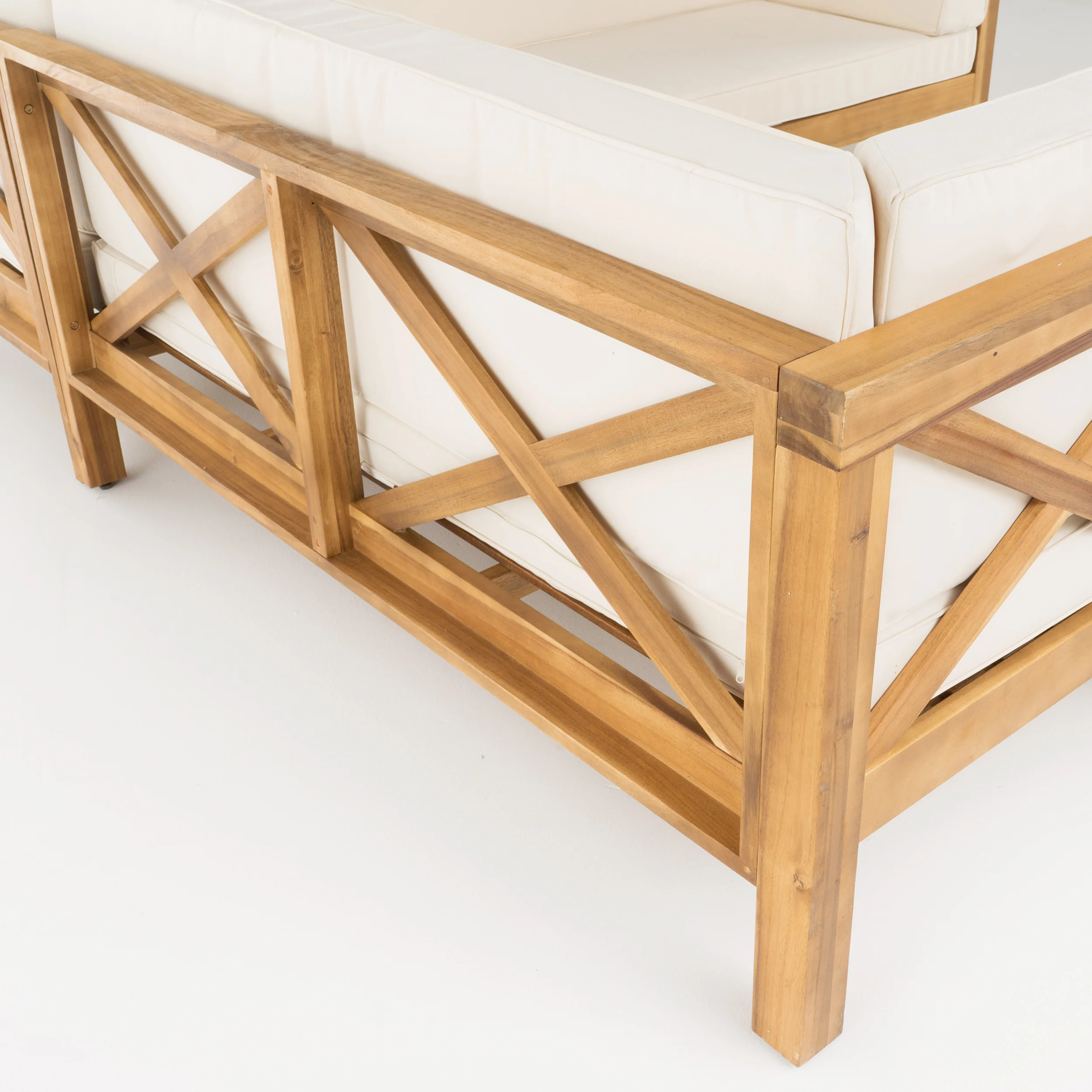 Keith Outdoor Acacia Wood Left Arm Loveseat and Coffee Table Set with Cushion - furnishings