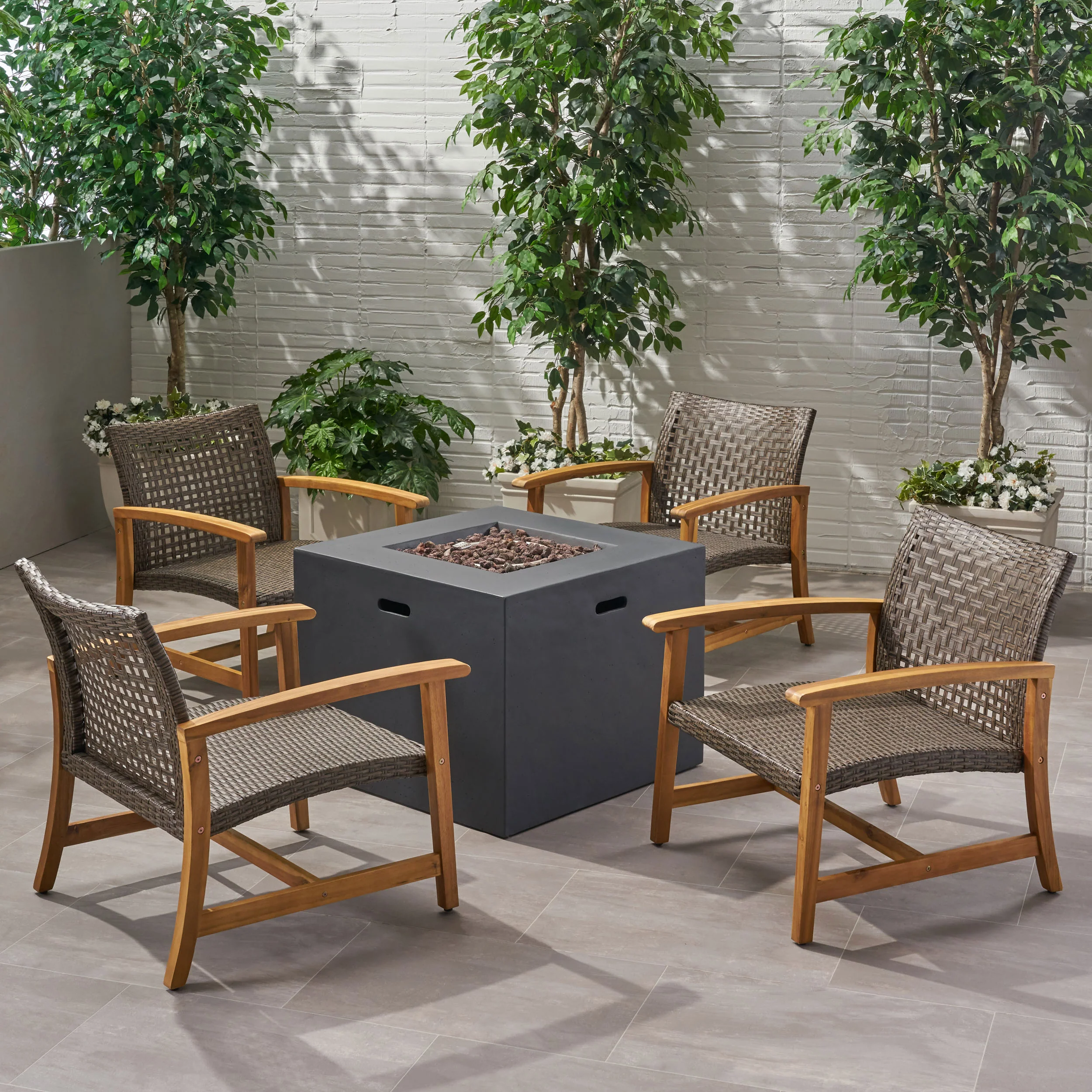 Carry Outdoor 5 Piece Wood and Wicker Club Chairs and Fire Pit Set - furnishings