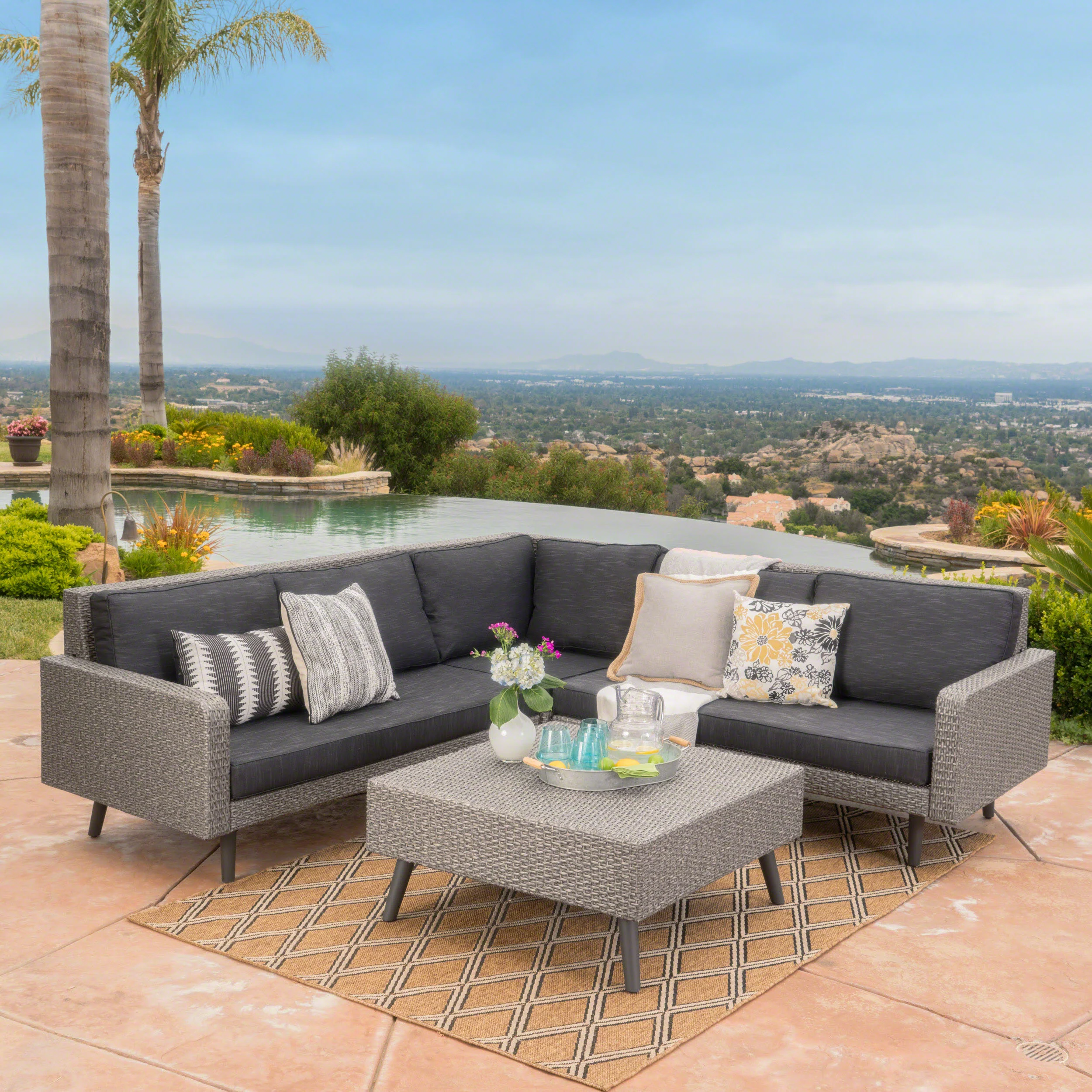 Hensley Outdoor Wicker 5 Seater Sectional Sofa Chat Set with Cushions, Mixed Black and Dark Gray - furnishings