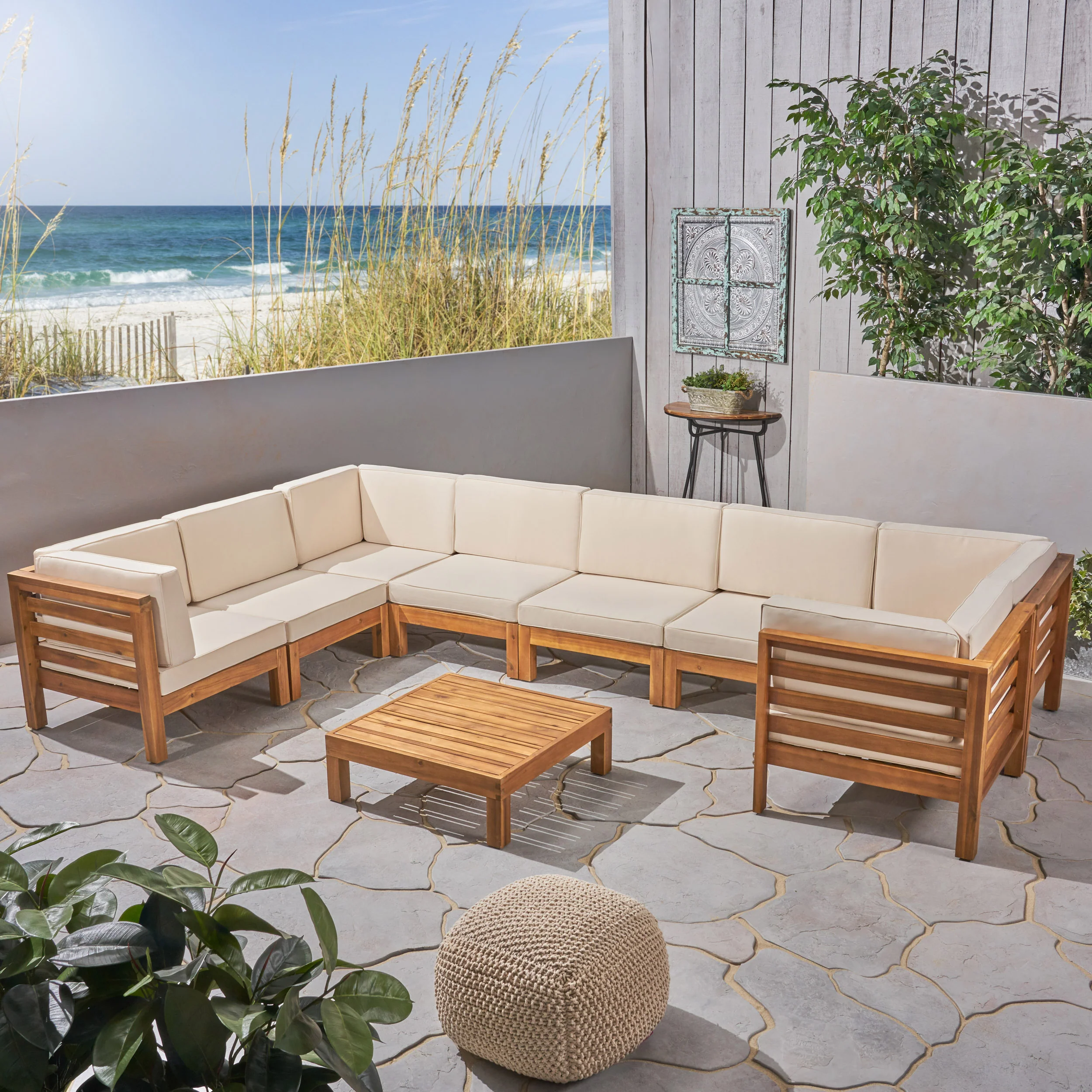 Dawson Outdoor U-Shaped Sectional Sofa Set with Coffee Table - 9-Piece 8-Seater - Acacia Wood - Outdoor Cushions - furnishings