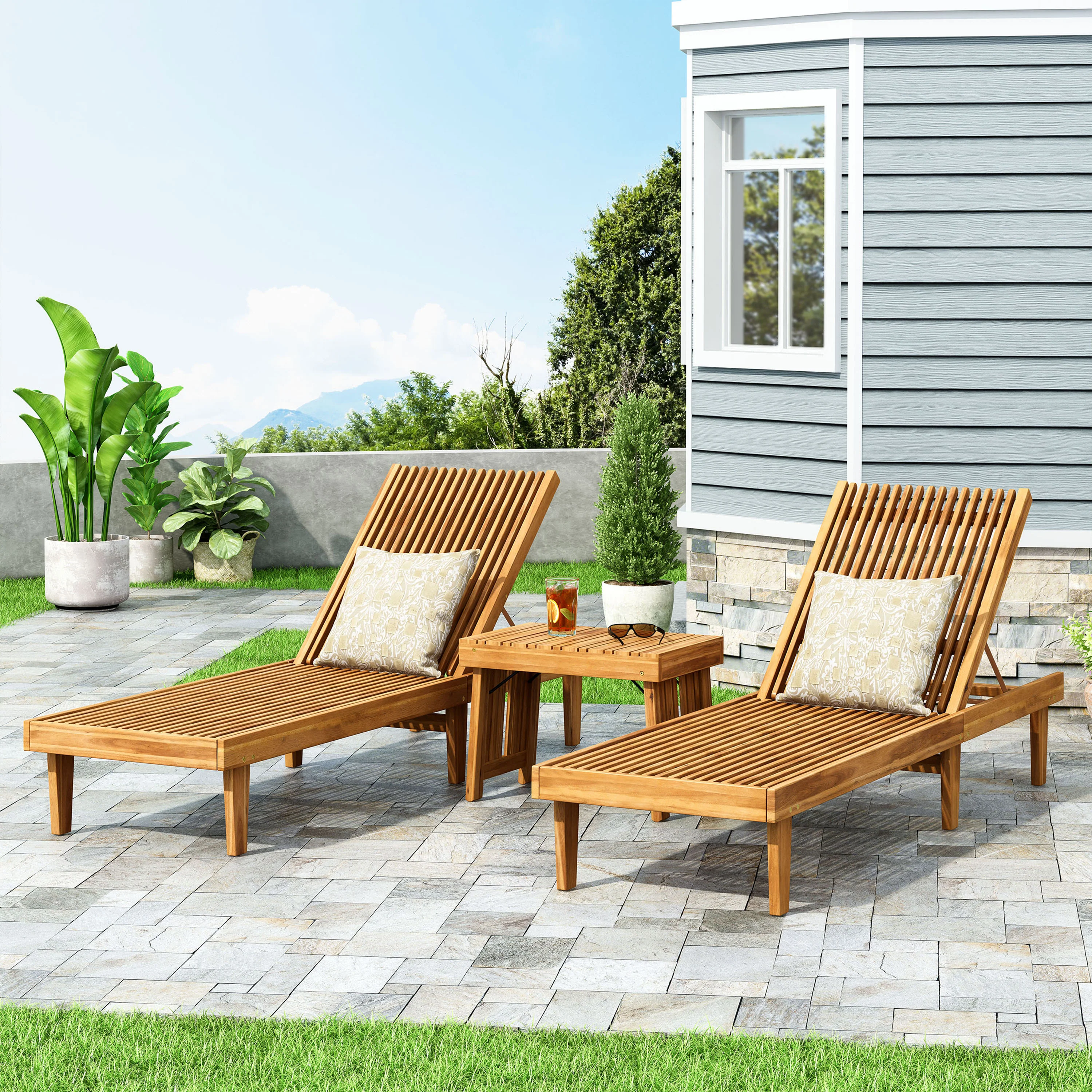 Addisyn Outdoor Acacia Wood 3 Piece Chaise Lounge Set - furnishings