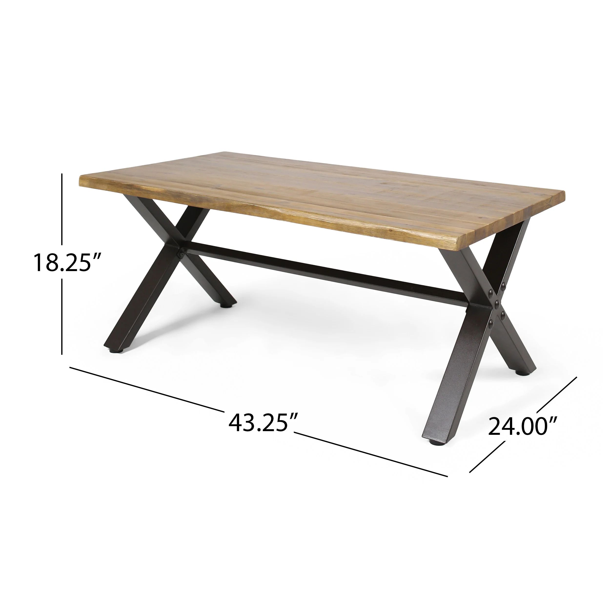 Ishtar Outdoor Farmhouse Teak Acacia Wood Coffee Table with Black X-Frame Legs - furnishings
