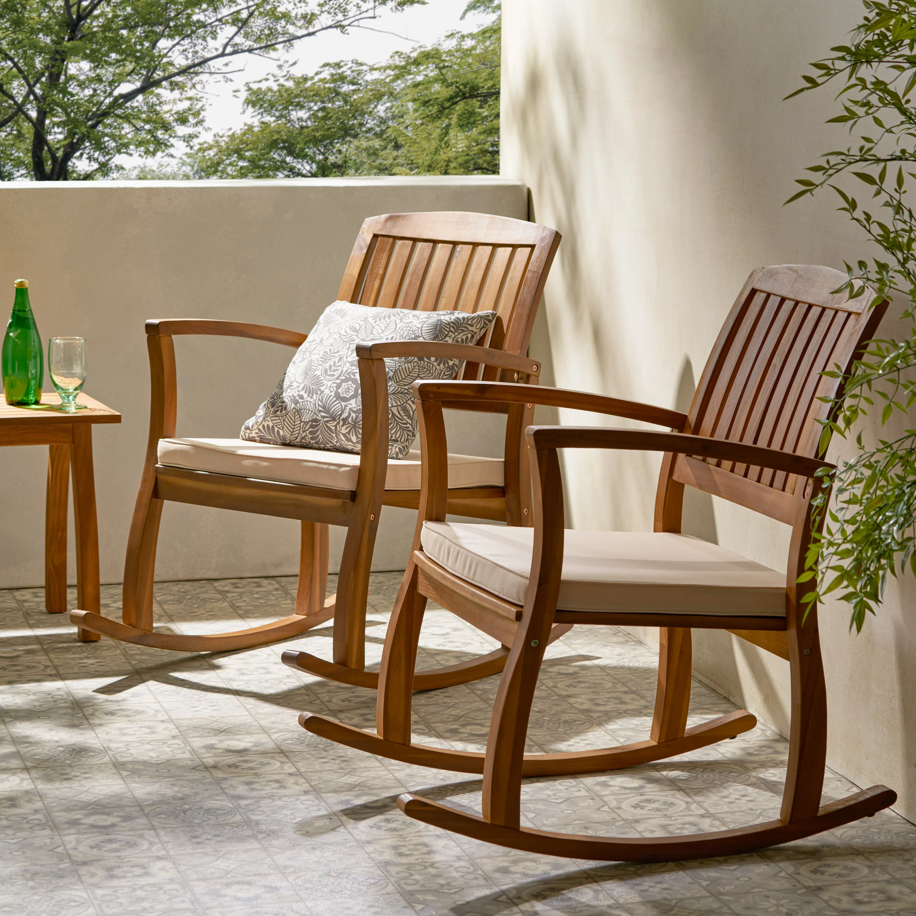 Sadie Outdoor Acacia Wood Rocking Chairs with Cushion (Set of 2) - furnishings