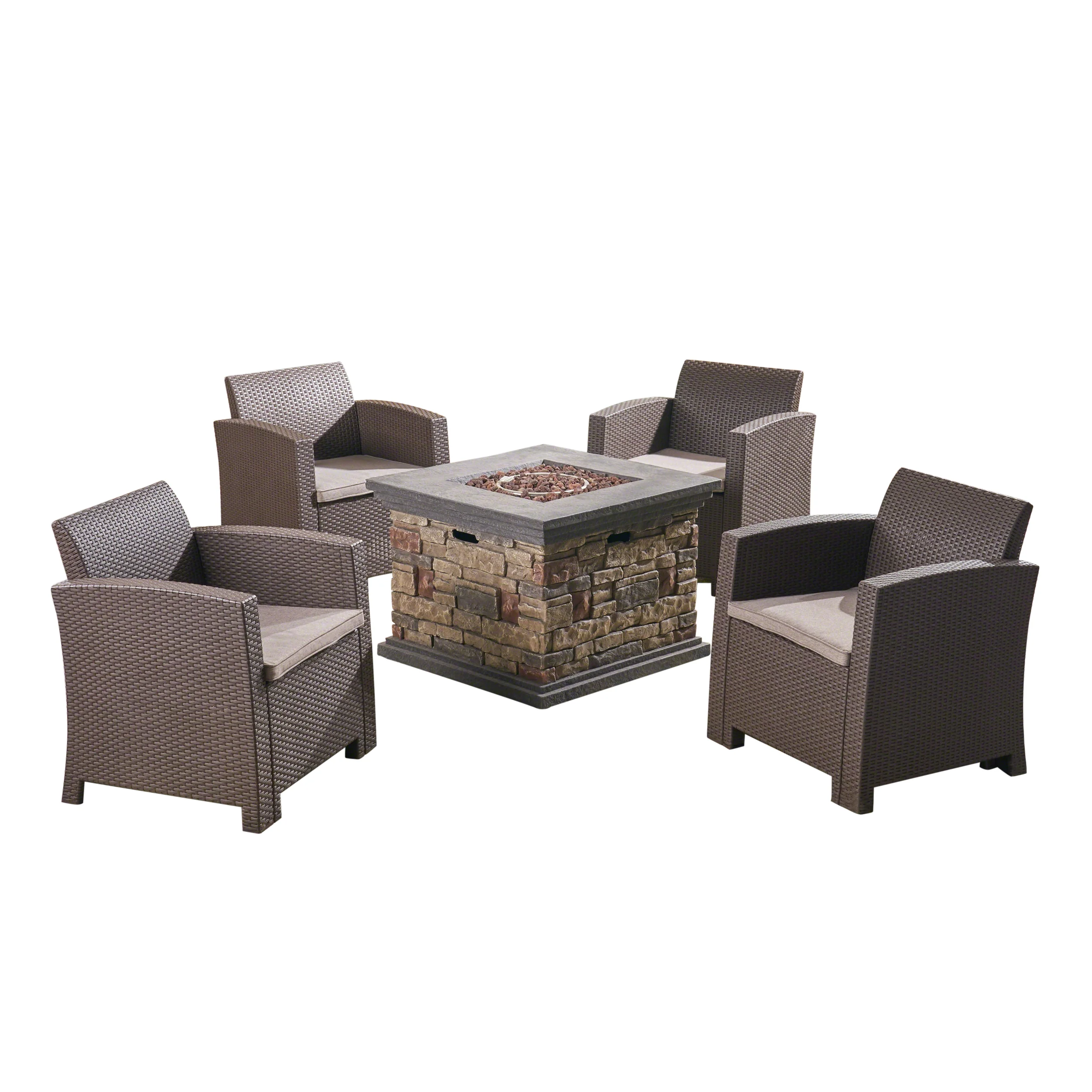 Casey Outdoor 4-Seater Wicker Print Club Chair Chat Set with Fire Pit - furnishings