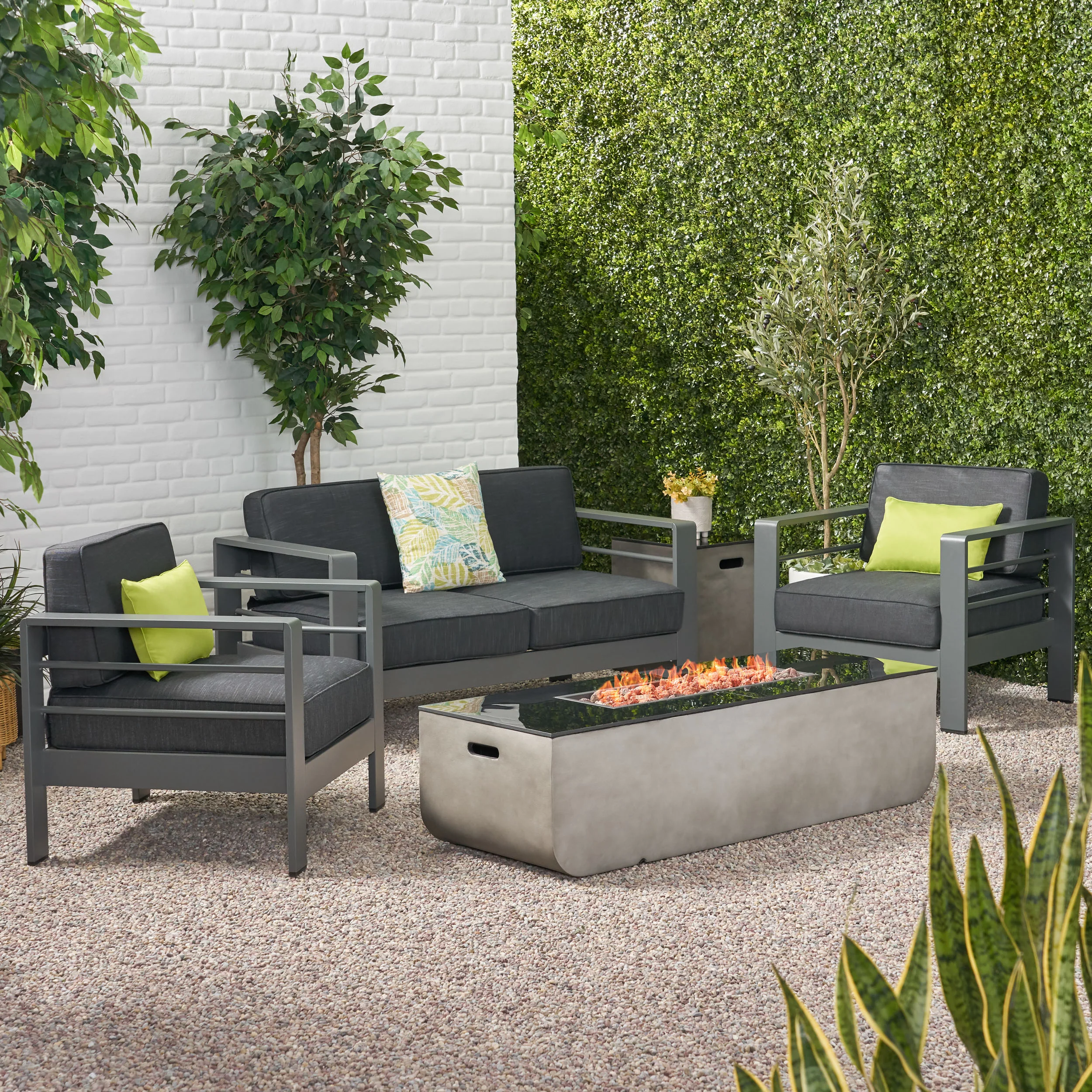 Cherie Outdoor 4 Seater Aluminum Chat Set with Fire Pit - furnishings