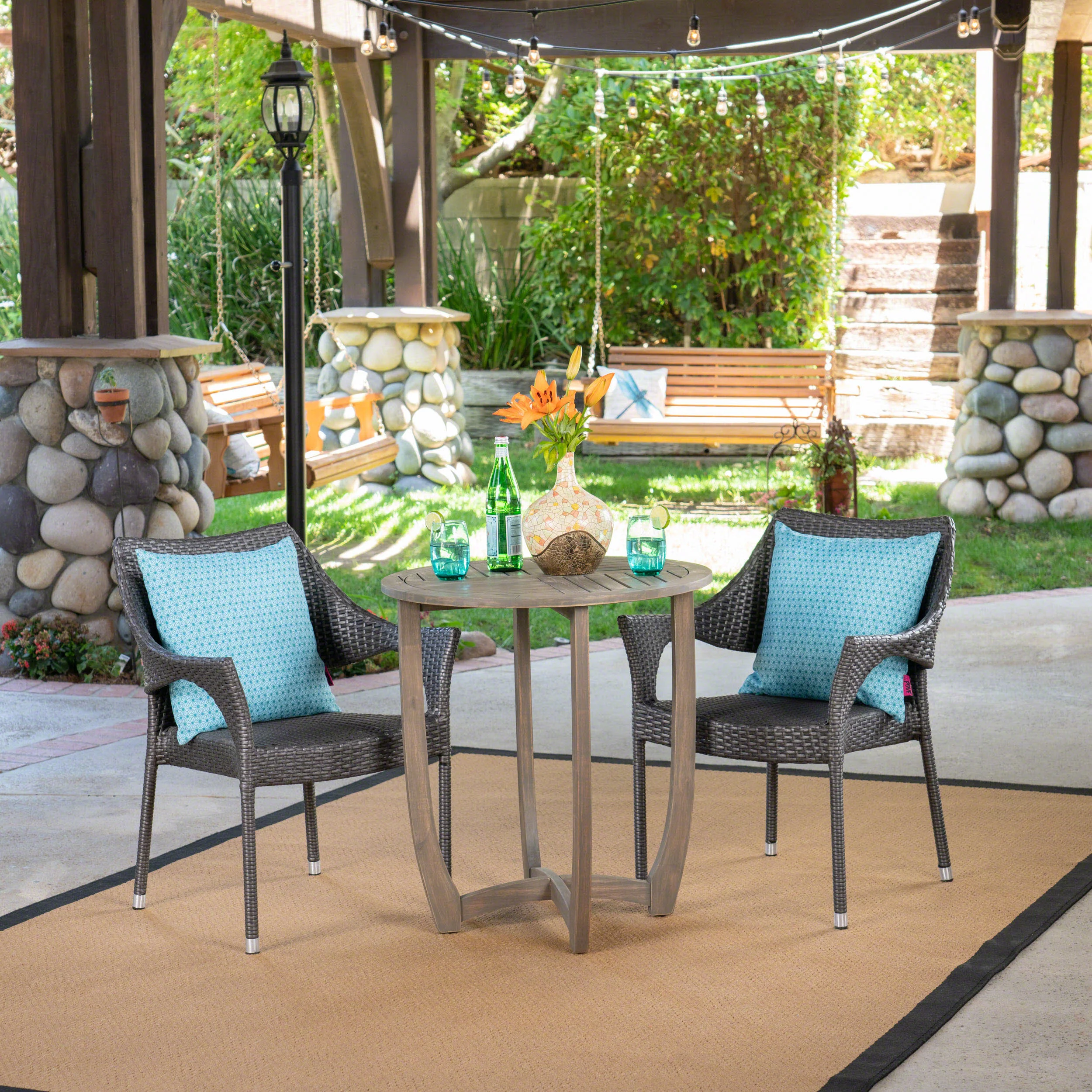 Mann Outdoor 3 Piece Wood and Wicker Bistro Set, Gray and Gray - furnishings