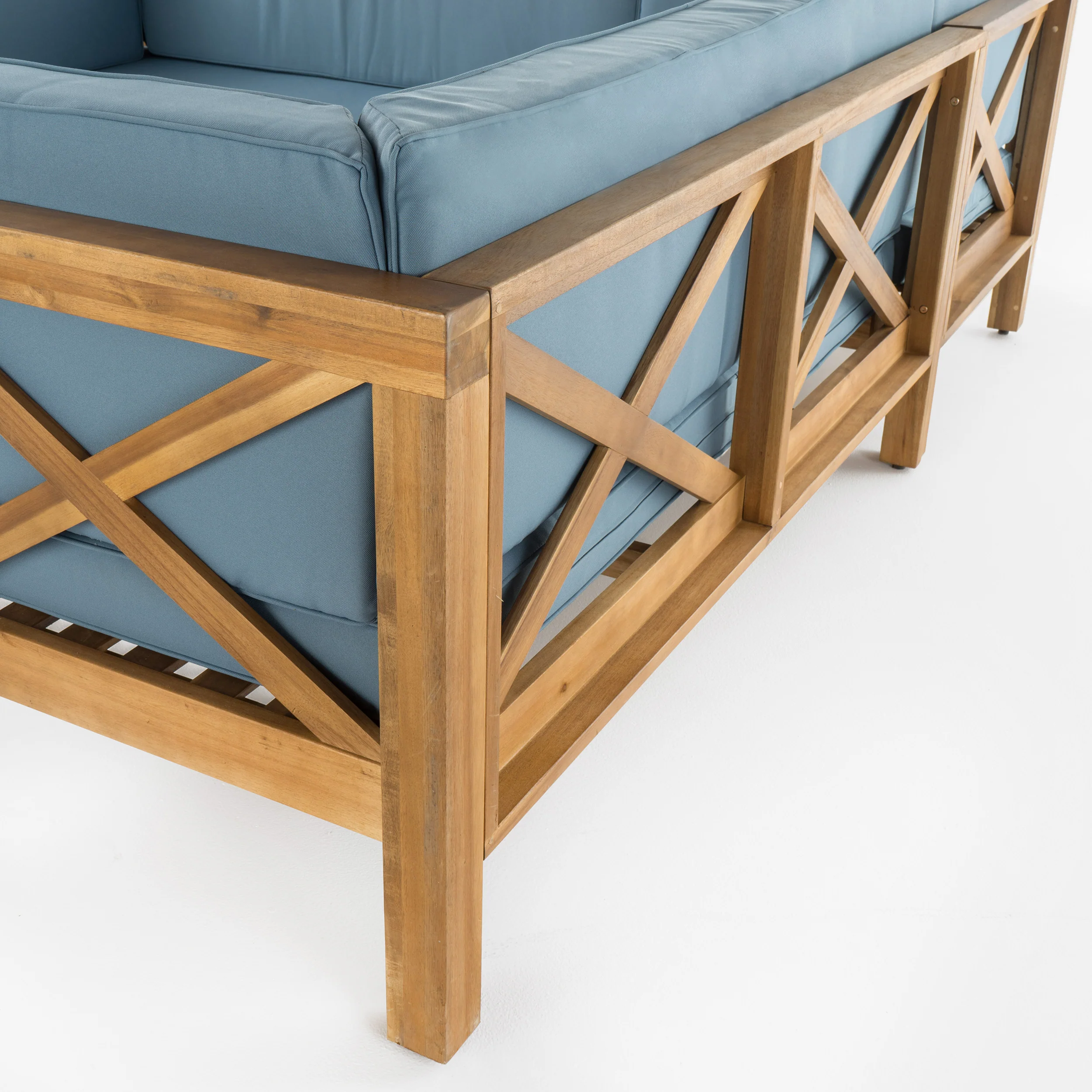 Keith Outdoor Acacia Wood Right Arm Loveseat and Coffee Table Set with Cushion - furnishings