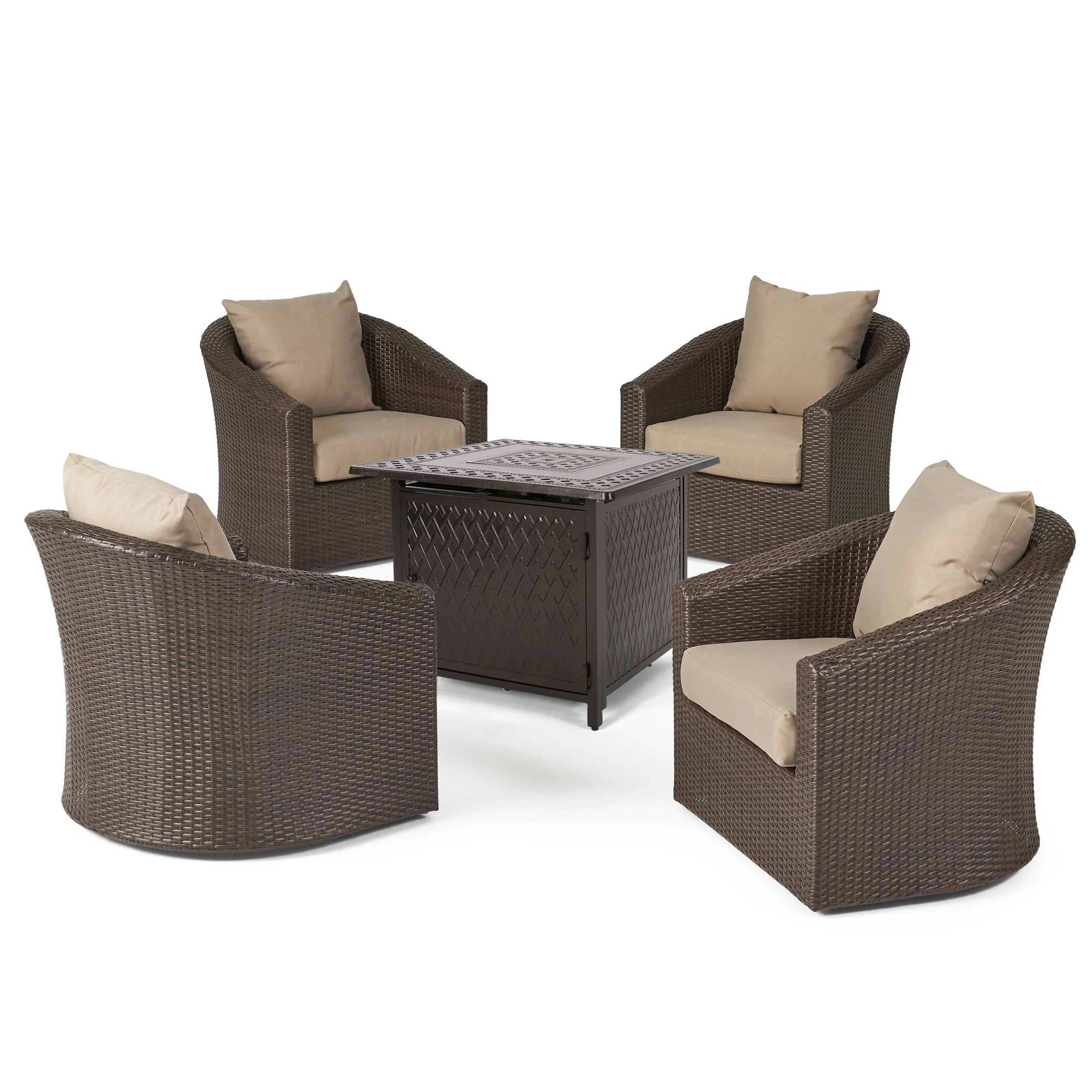 Dillard Outdoor 4 Seater Wicker Swivel Chair and Fire Pit Set - furnishings