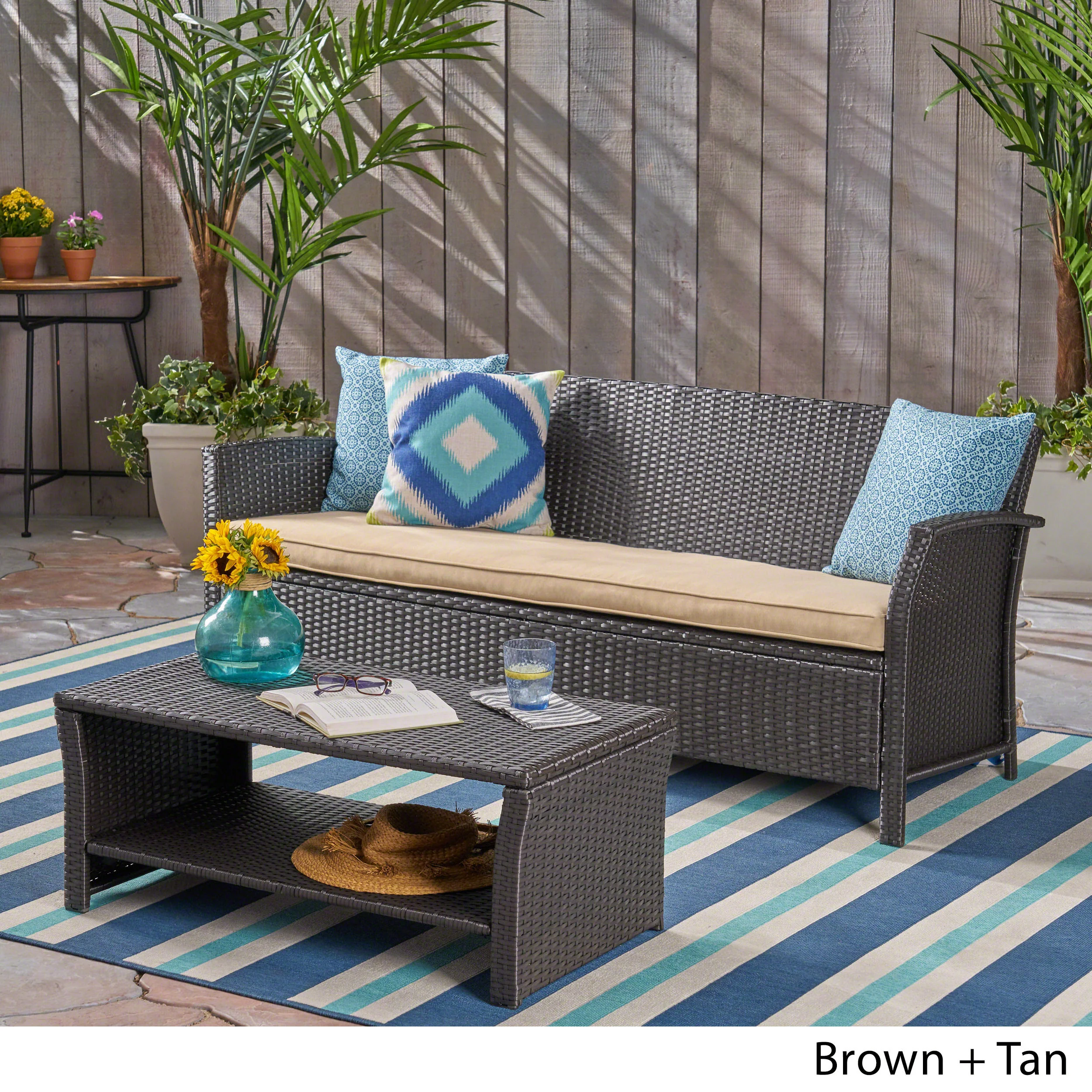 Laiah Outdoor Wicker 3-Seater Sofa with Coffee Table - furnishings