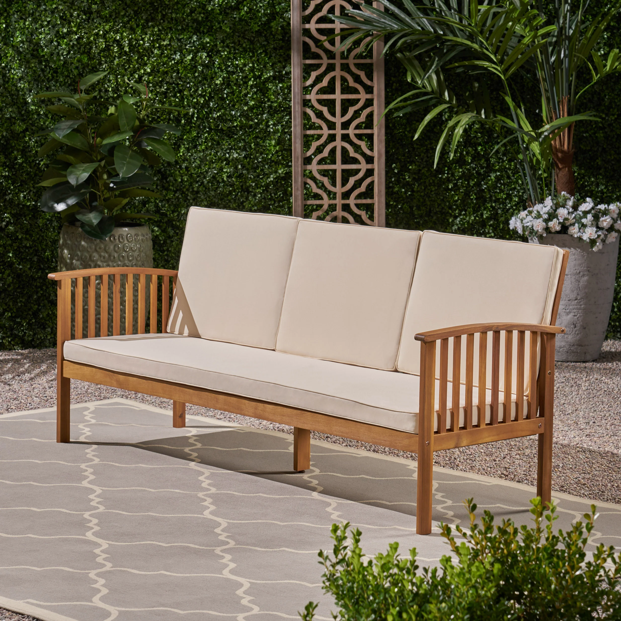 Cape Outdoor Open Slat Acacia Wood 3-Seater Sofa w/ Water-Resistant Cushions - furnishings