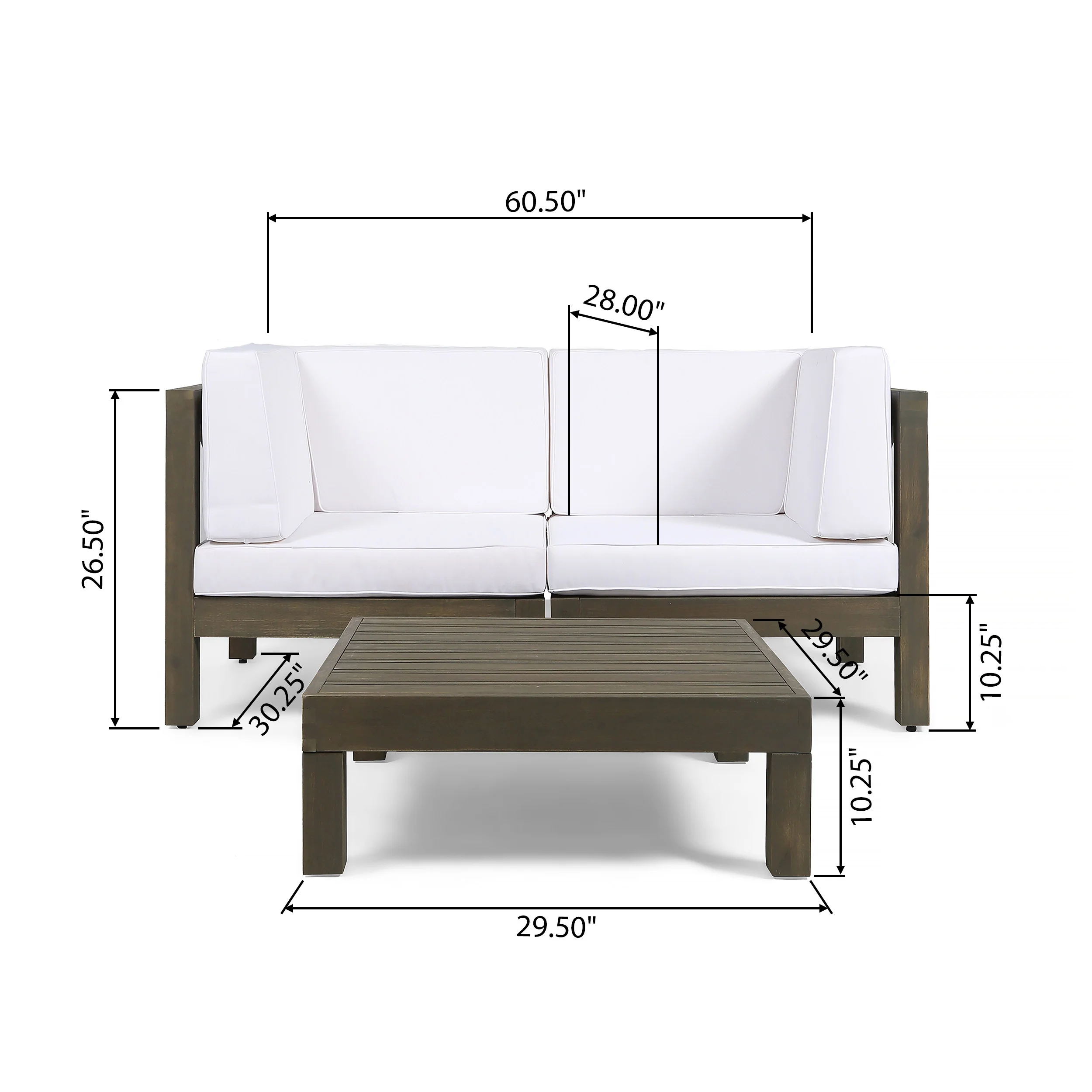 Dawson Outdoor Sectional Loveseat Set with Coffee Table - 3-Piece 2-Seater - Acacia Wood - Outdoor Cushions - furnishings