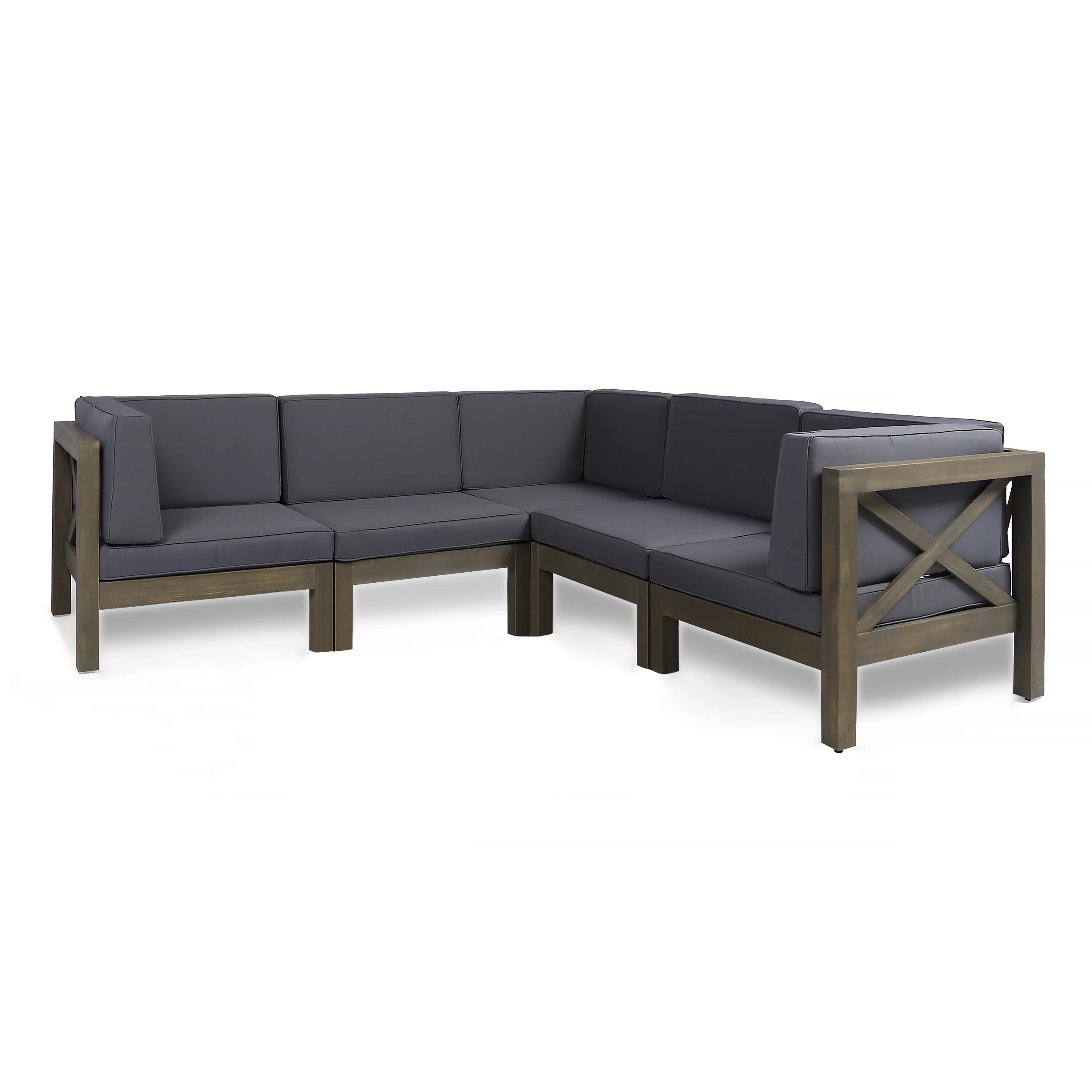 Keith Outdoor Acacia Wood 5 Seater Sectional Sofa Set with Water-Resistant Cushions - furnishings