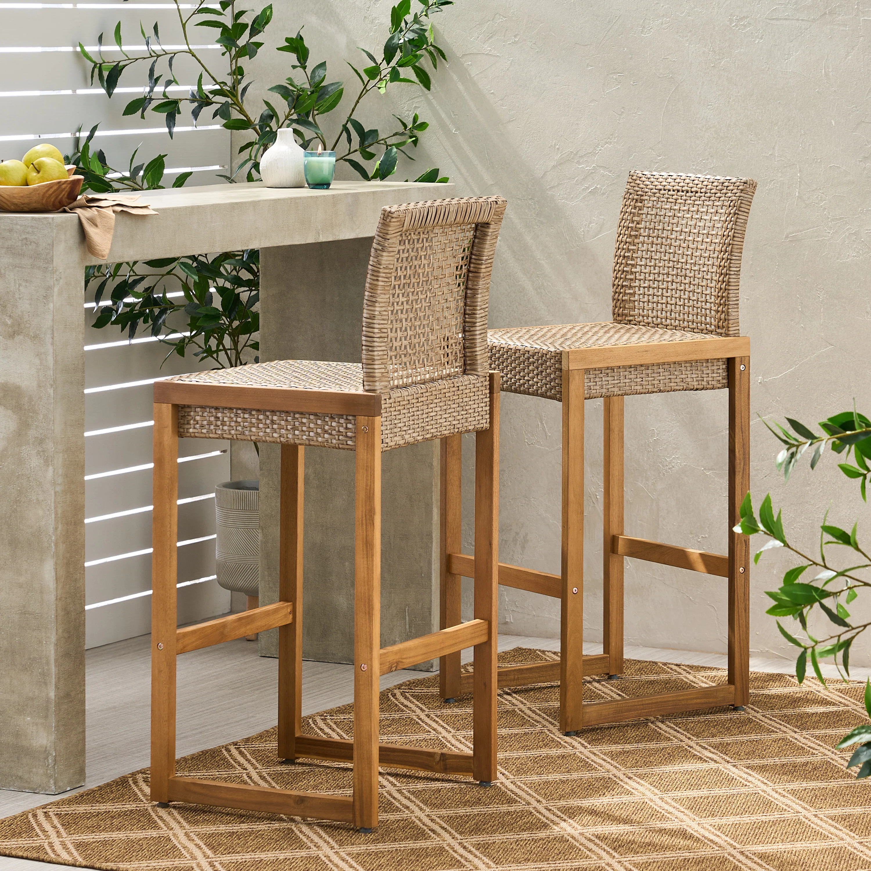 Resaca Outdoor Wicker Barstools, Set of 2, Light Multi-Brown and Teak - furnishings