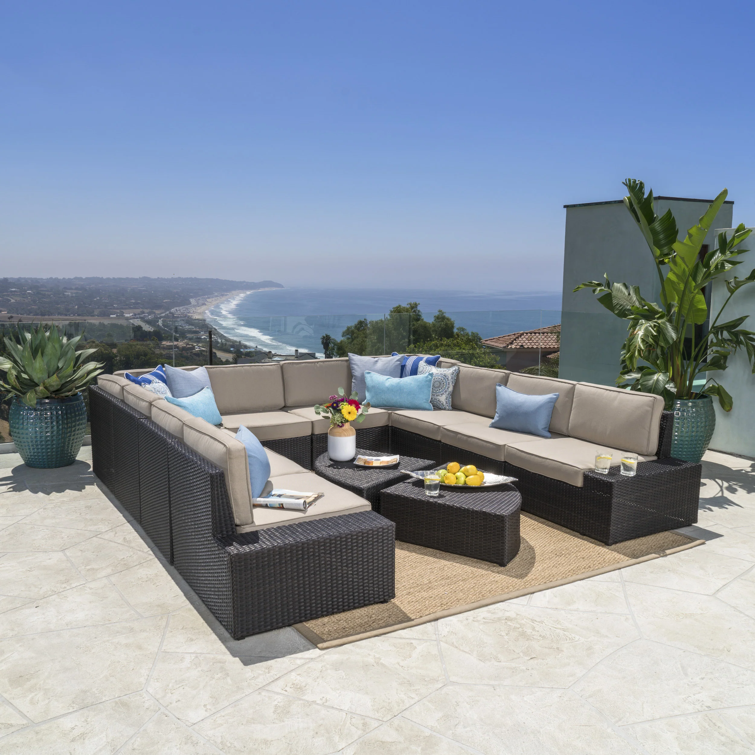 Reddington 12pc Outdoor Wicker Sectional Sofa Set w/ Cushions - furnishings