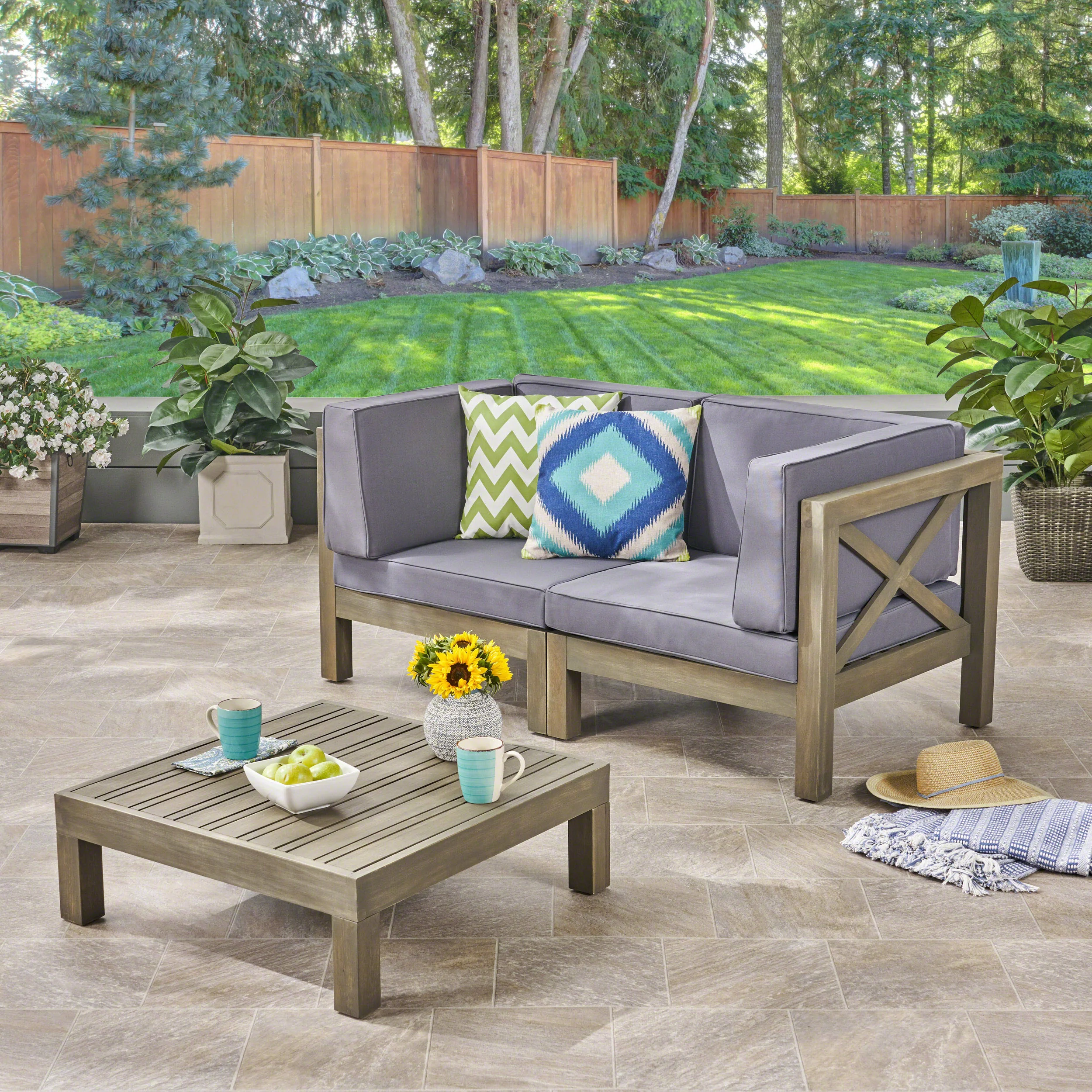Keith Outdoor Sectional Loveseat Set with Coffee Table  2-Seater  Acacia Wood  Water-Resistant Cushions - furnishings