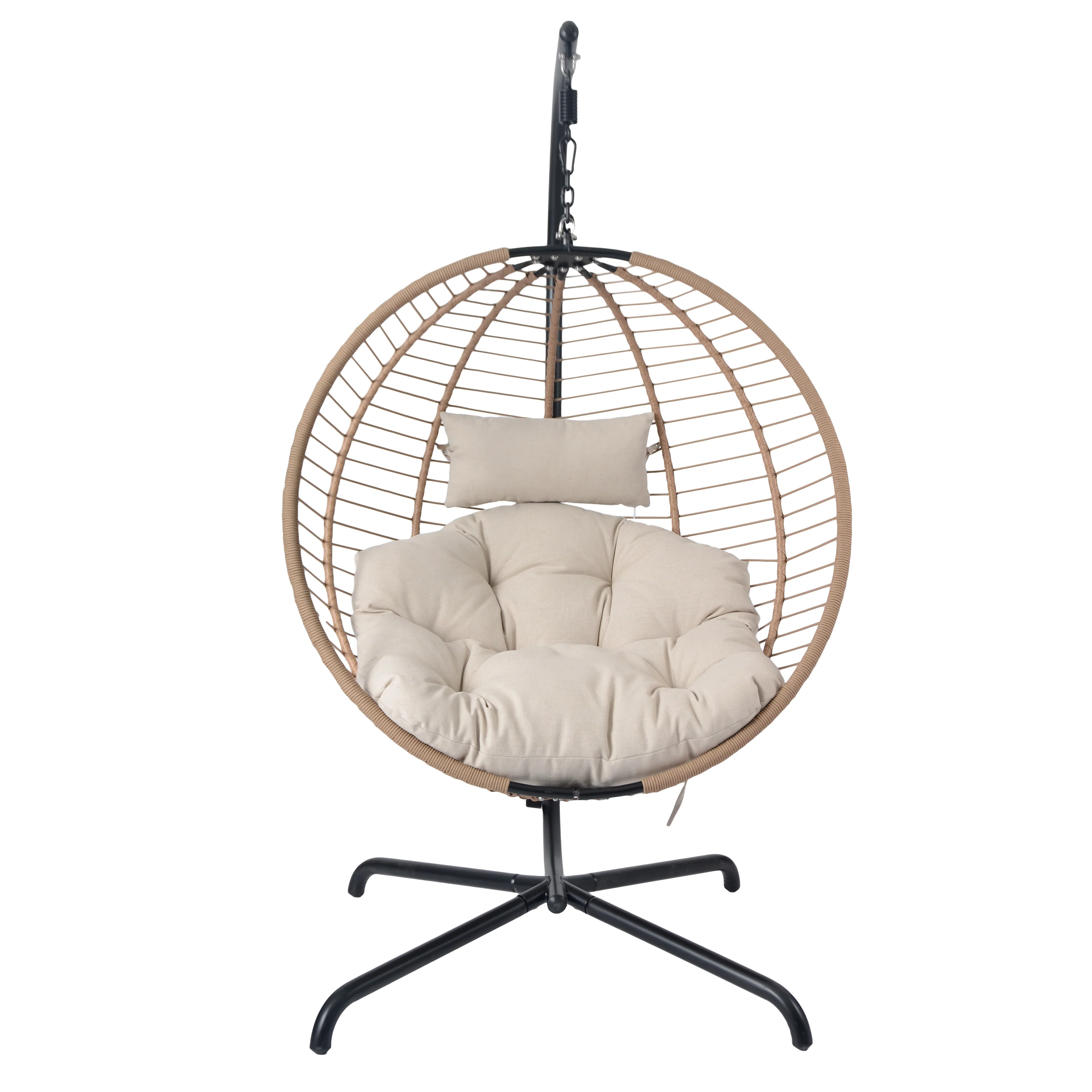 Luciane Outdoor Patio Hanging Basket Chair with Stand, Beige + Brown - furnishings