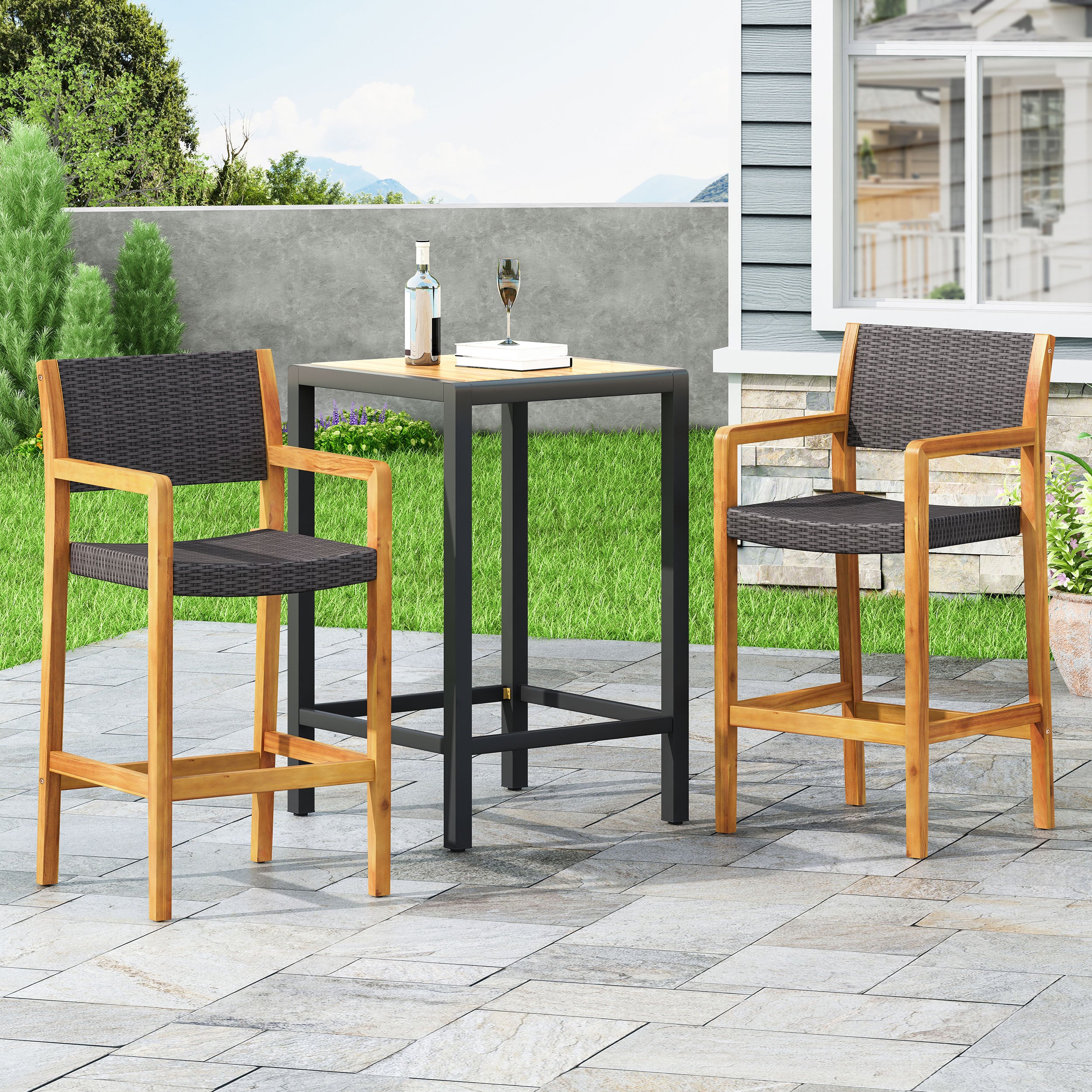 Eliani Outdoor Acacia Wood Barstools with Wicker (Set of 2) - furnishings