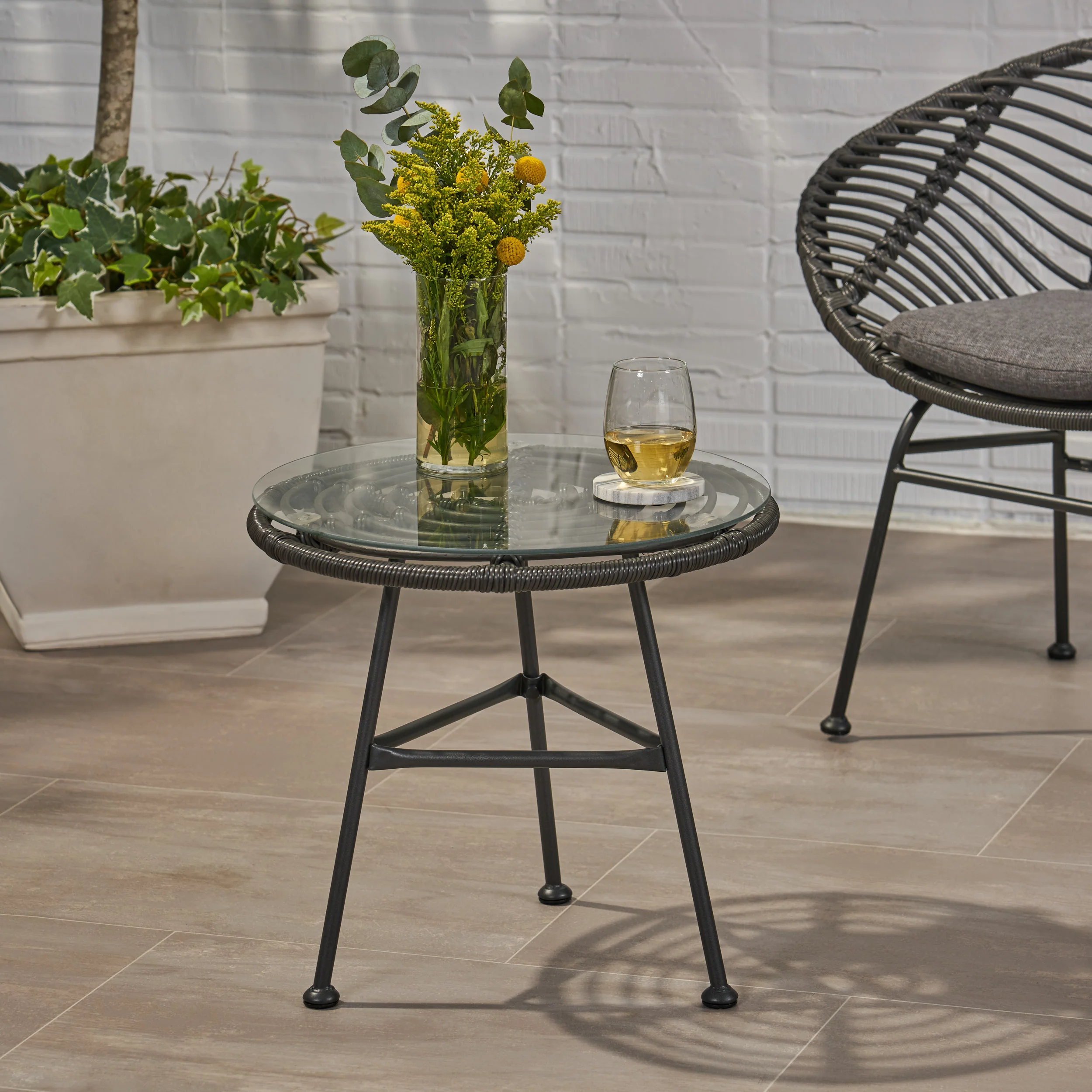 Rodney Outdoor Woven Faux Rattan Side Table with Glass Top - furnishings