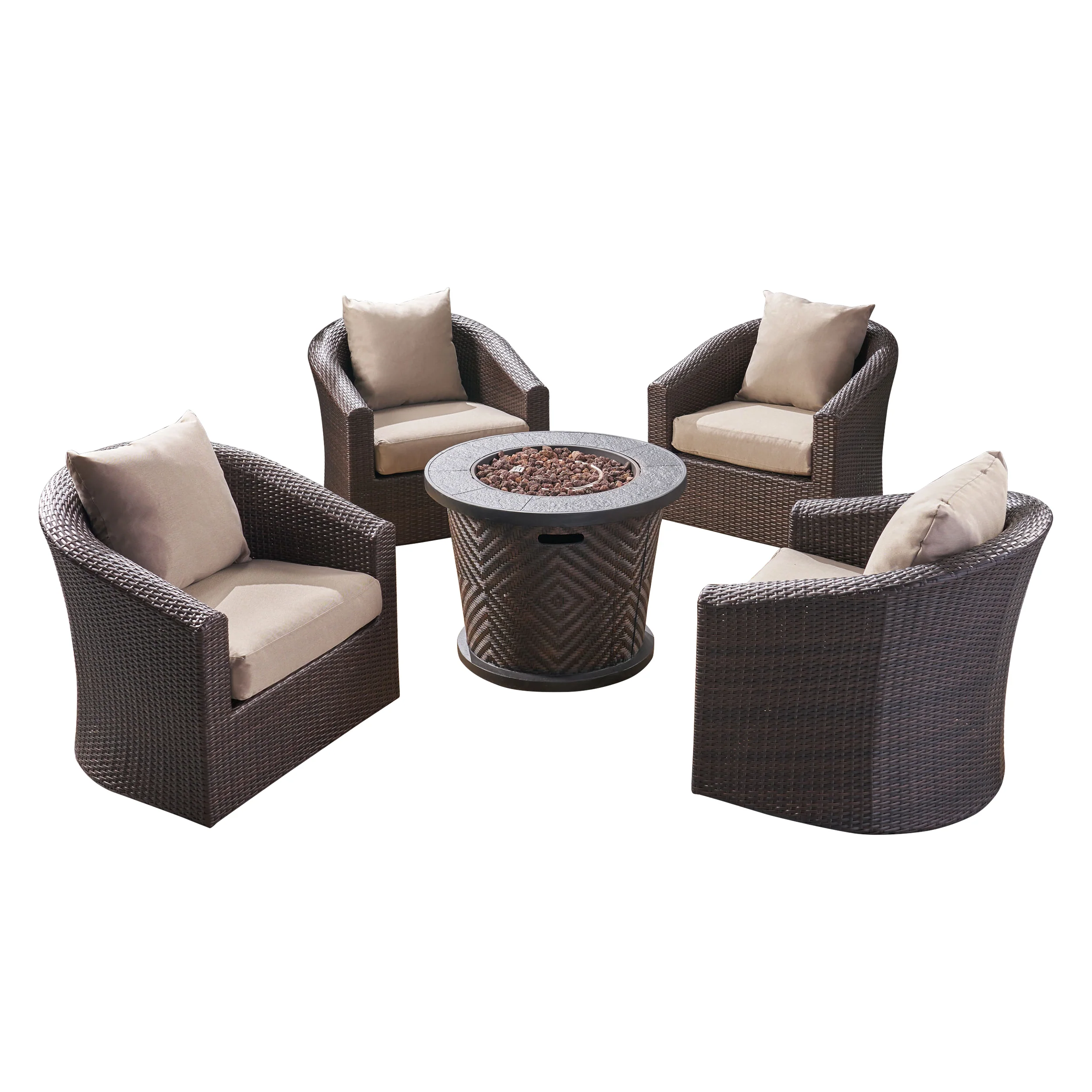 Liyam Outdoor 4 Piece Wicker Swivel Chair Set with Fire Pit, Multi Brown and Brown - furnishings