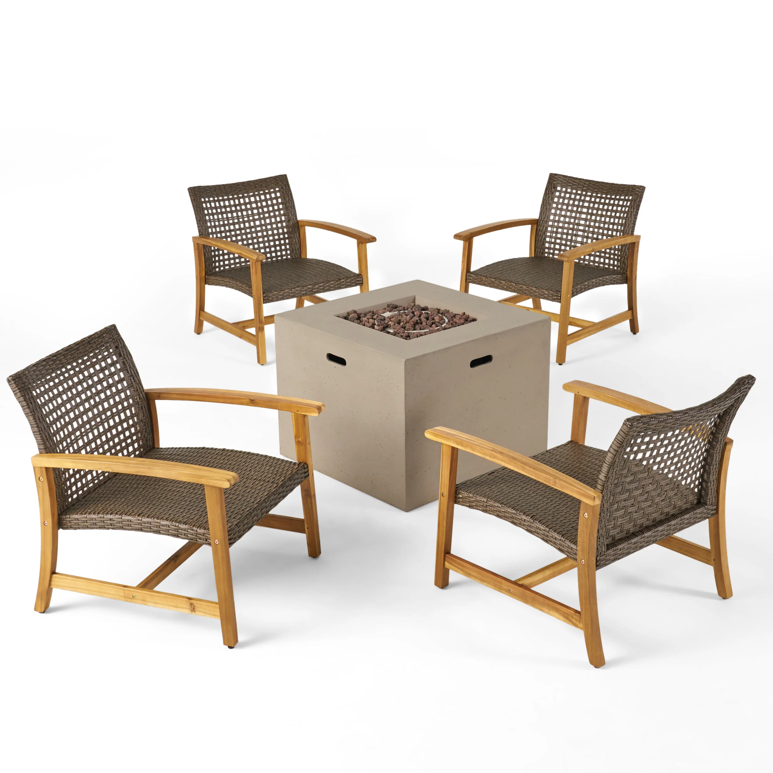 Carry Outdoor 5 Piece Wood and Wicker Club Chairs and Fire Pit Set - furnishings