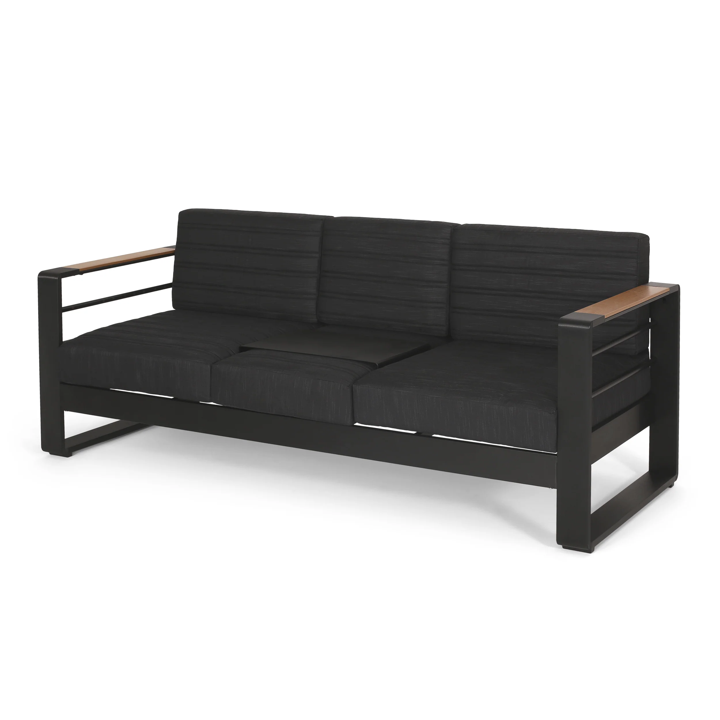 Neffs Outdoor Aluminum 3 Seater Sofa with Water Resistant Cushions, Black, Natural, and Dark Gray - furnishings
