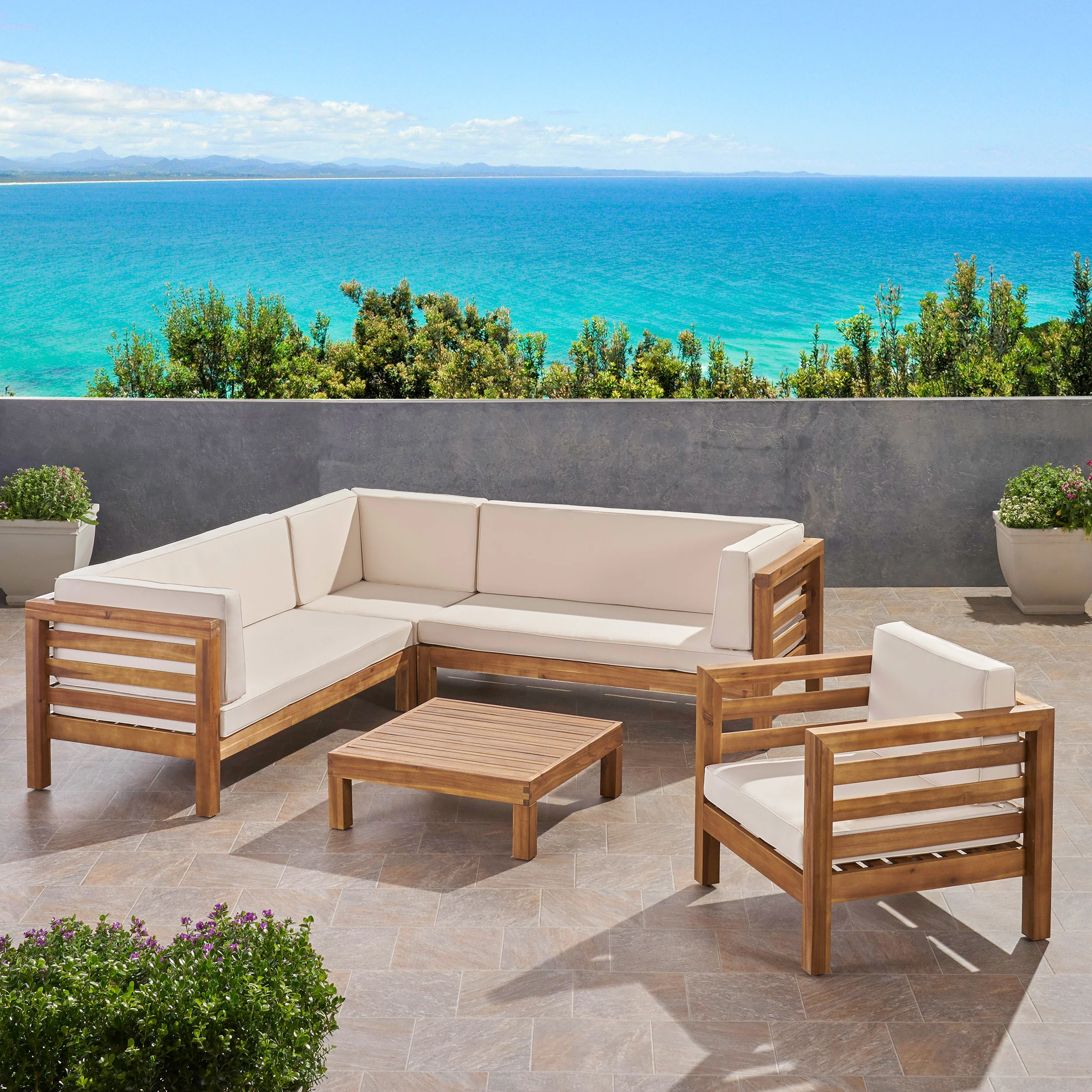 Emma Outdoor 6 Seater Acacia Wood Sectional Sofa and Club Chair Set - furnishings