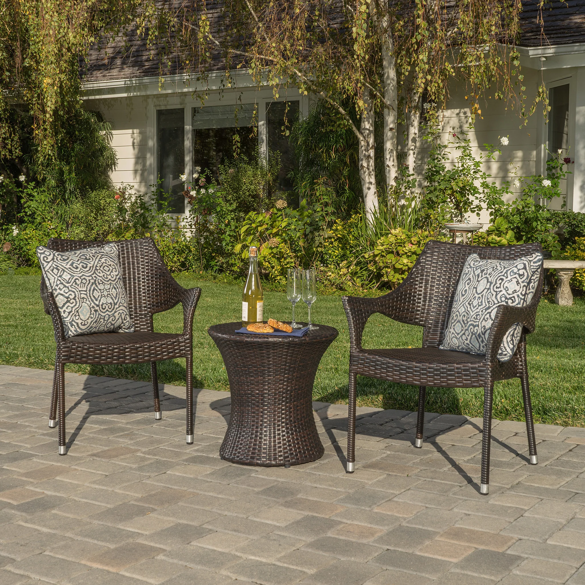 Tahitian Outdoor 3 Piece Multi-Brown Wicker Chat Set with Stacking Chairs - furnishings