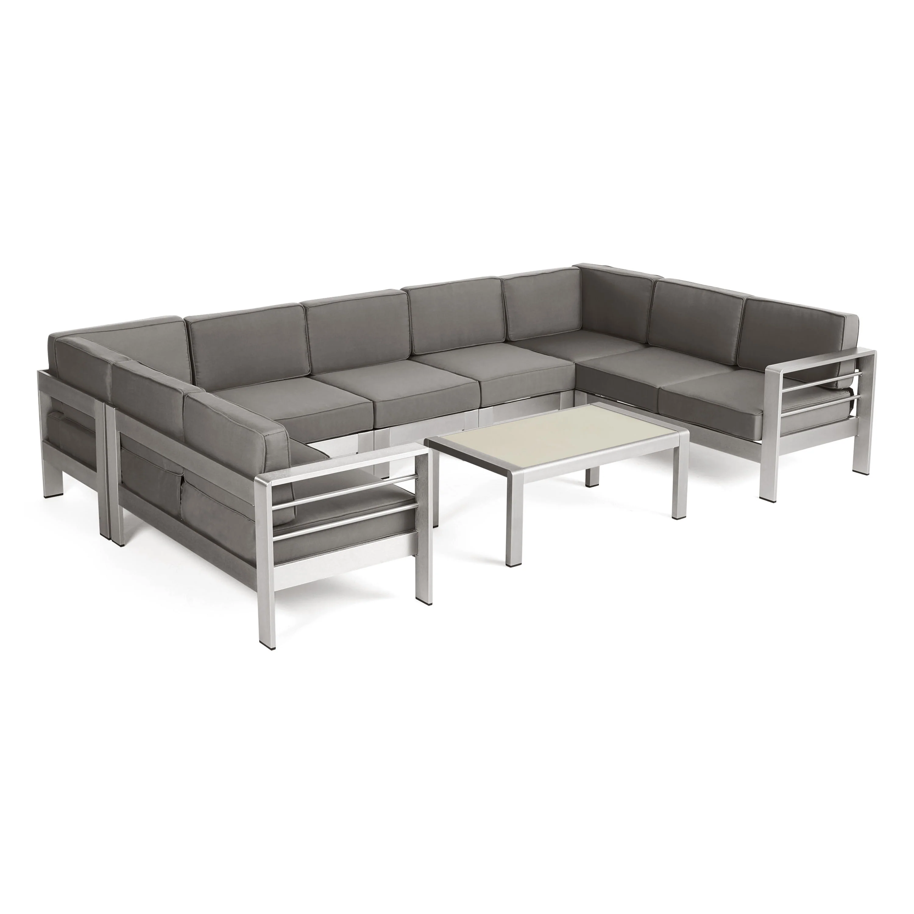 Emily Coral Outdoor 9-Seater Aluminum Sectional Sofa Set with Coffee Table, Silver and Khaki - furnishings
