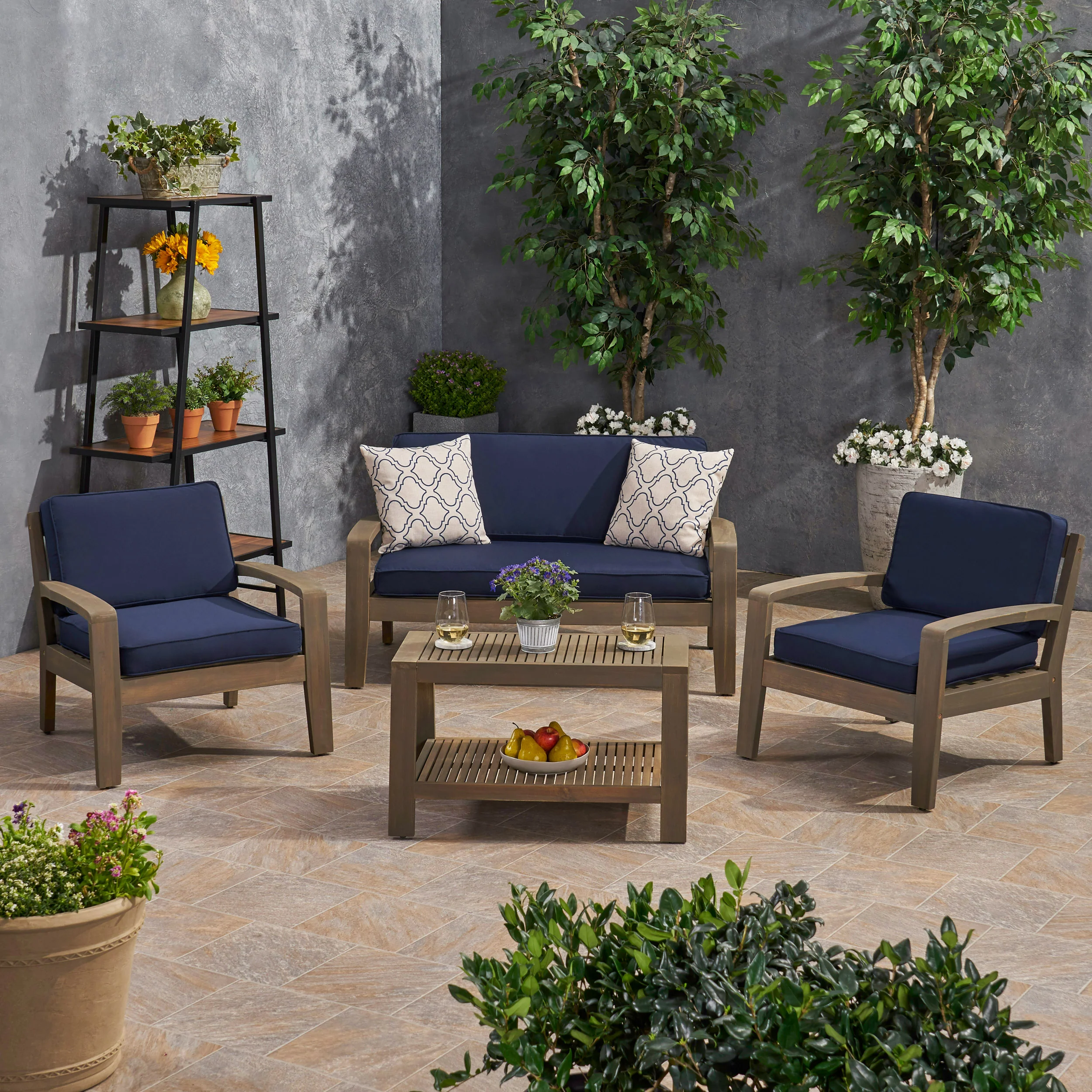 Parma Patio Acacia Wood 4-Seater Conversation Set with Coffee Table and Sunbrella Cushions - furnishings