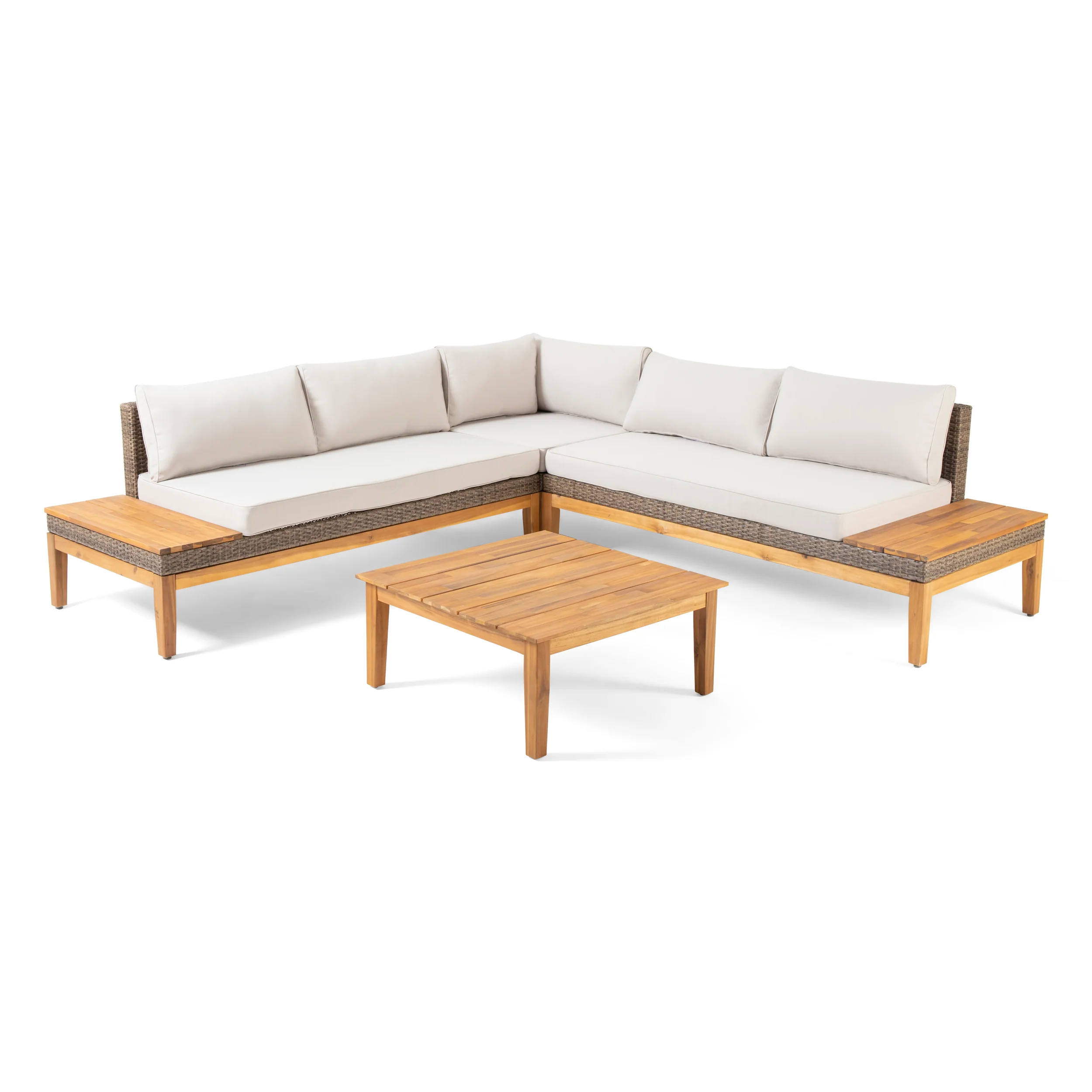 Emanuel Outdoor Acacia Wood and Wicker 5 Seater Sectional Sofa Set with Water-Resistant Cushions - furnishings