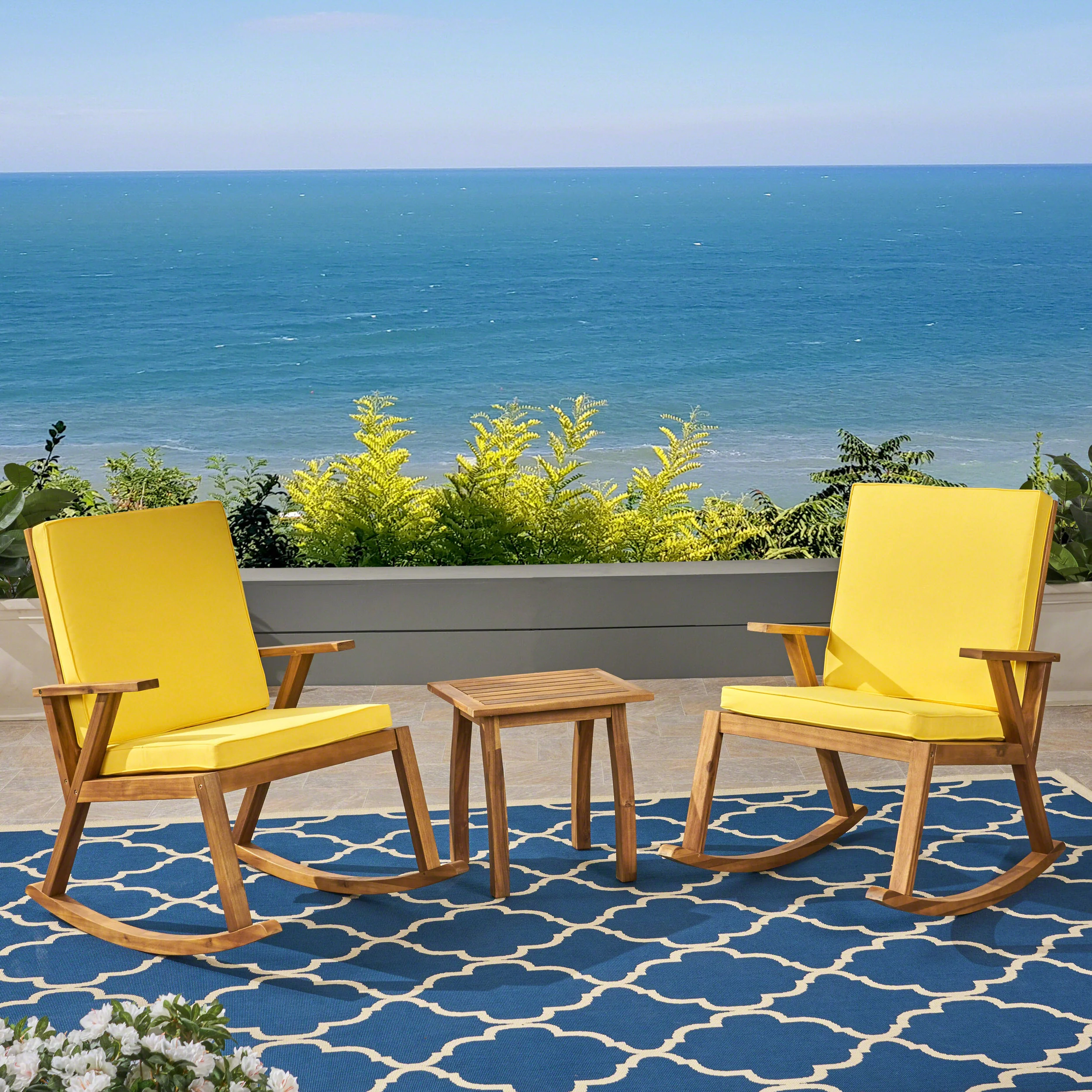 Yvonne Outdoor Acacia Wood Rocking Chair Chat Set - furnishings