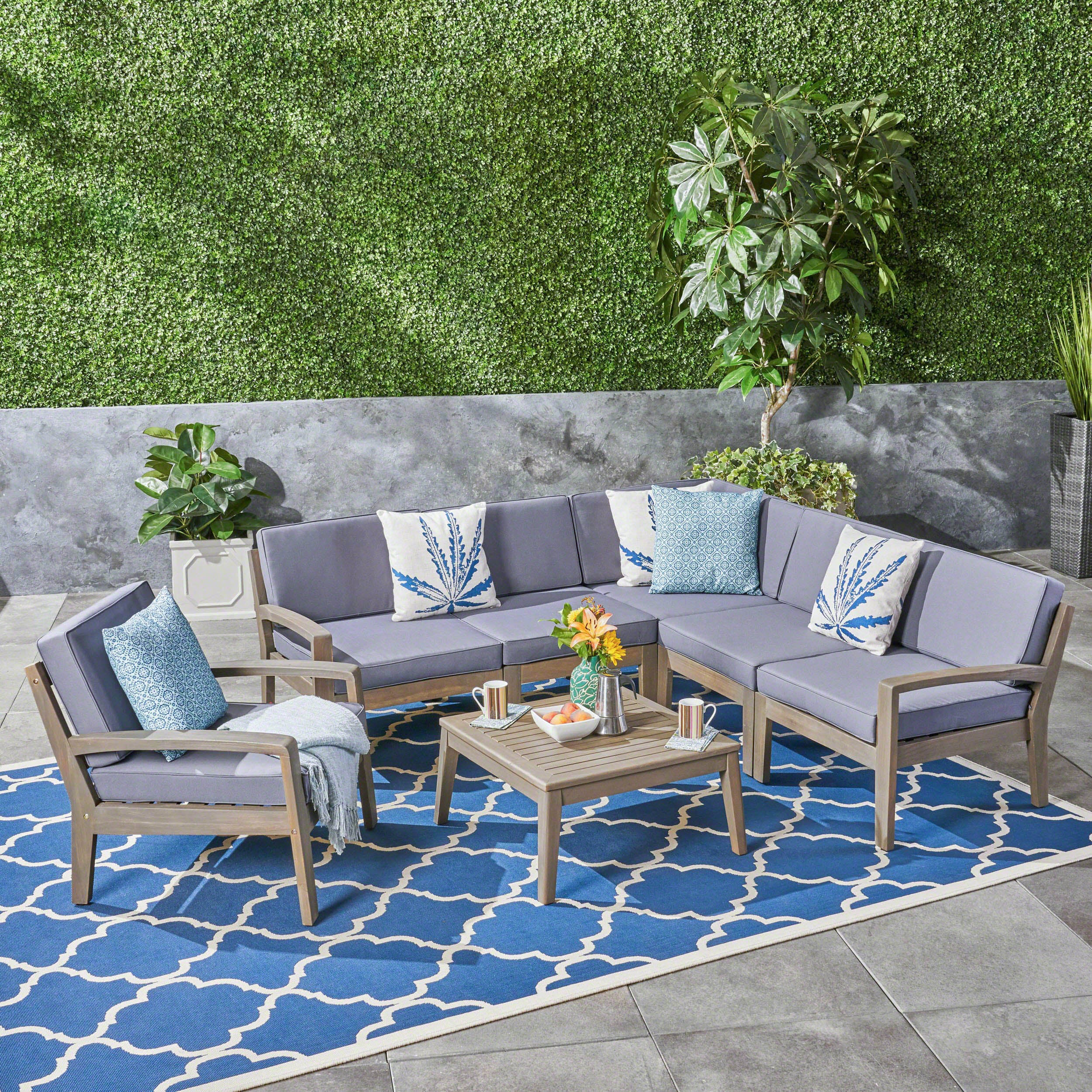 Giselle Outdoor Acacia Wood 6 Seater Sectional Sofa and Club Chair Set with Coffee Table - furnishings