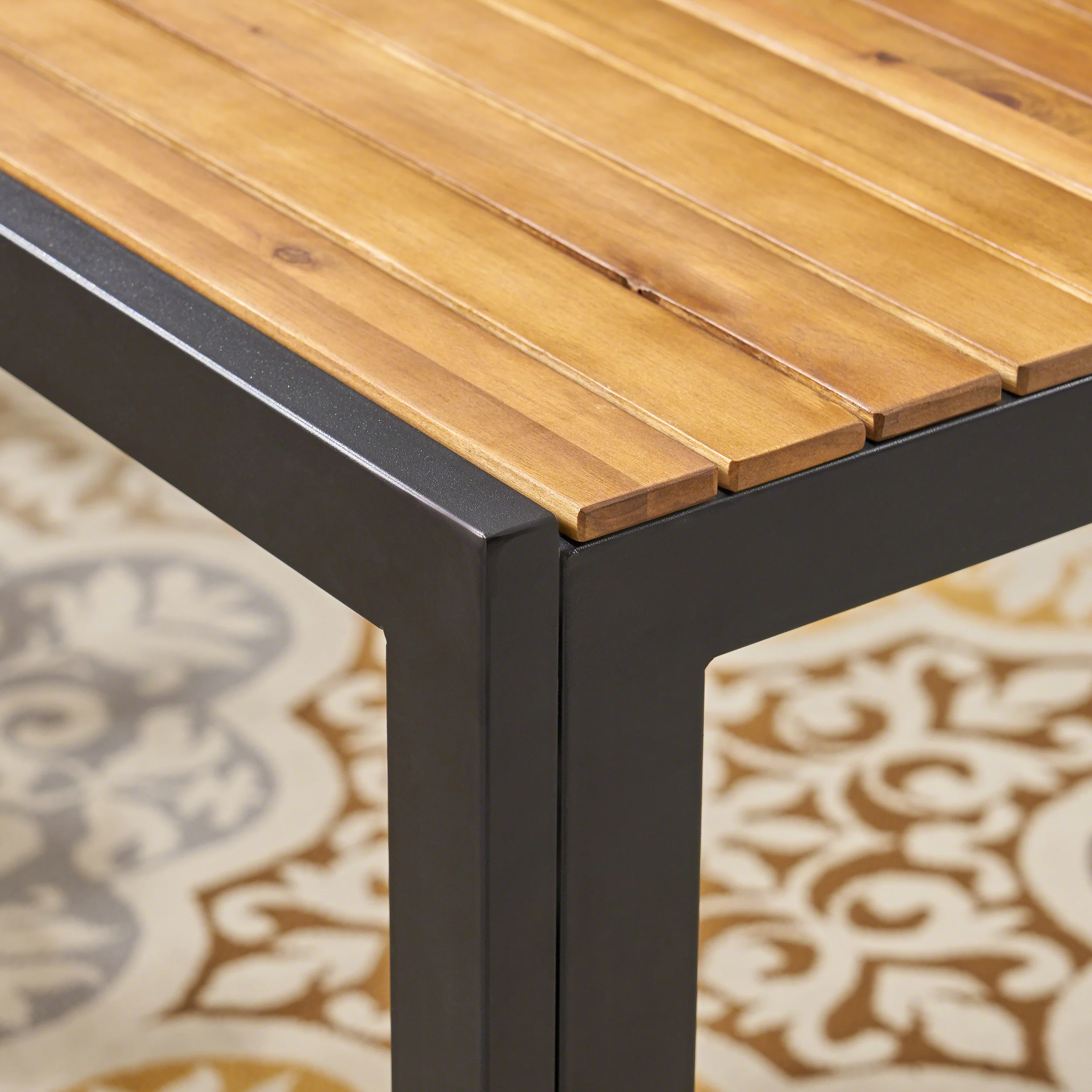 Tamia Outdoor 59-inch Acacia Wood and Iron Dining Table, Black and Teak Finish - furnishings