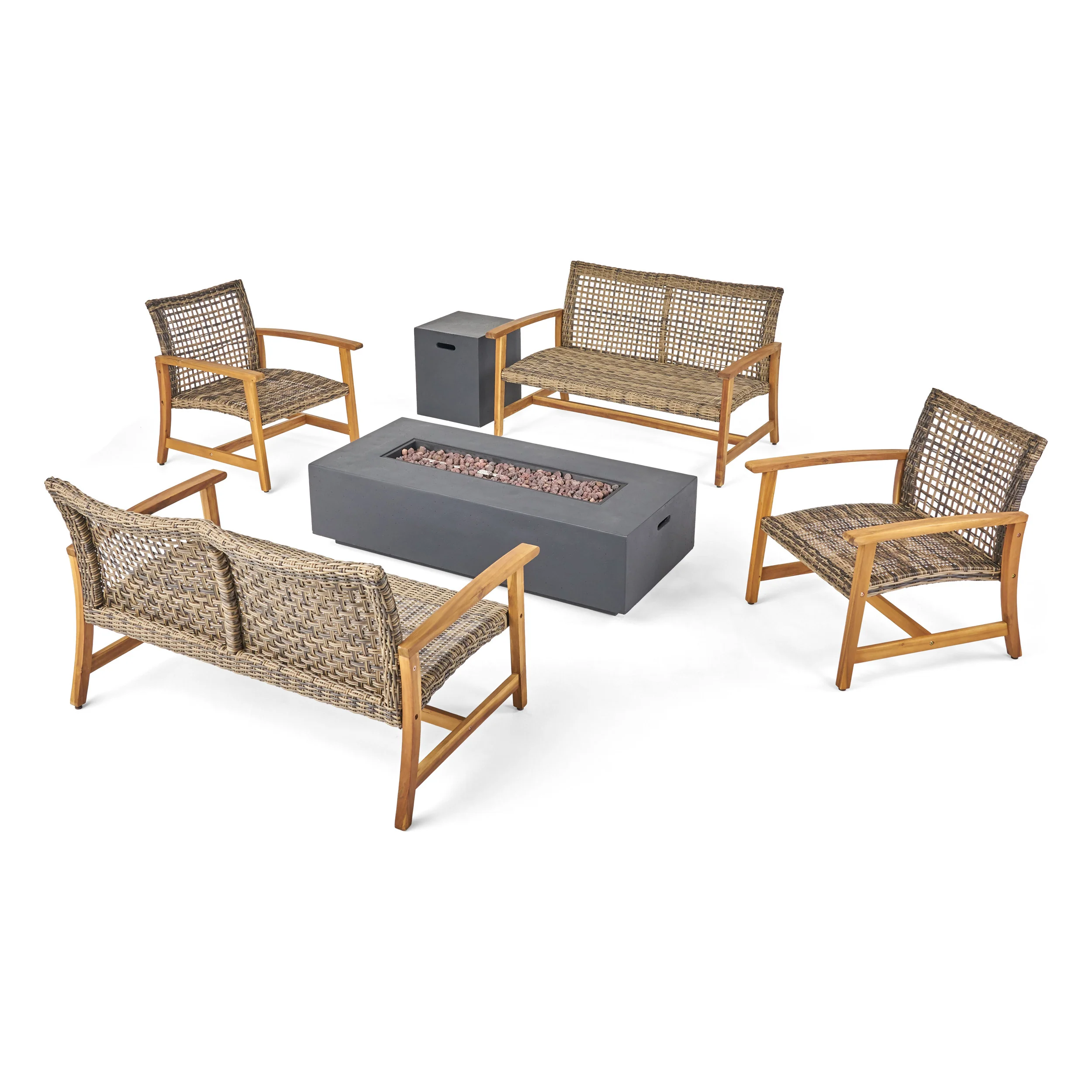 Tabby Outdoor 6 Seater Wood and Wicker Chat Set with Fire Pit - furnishings